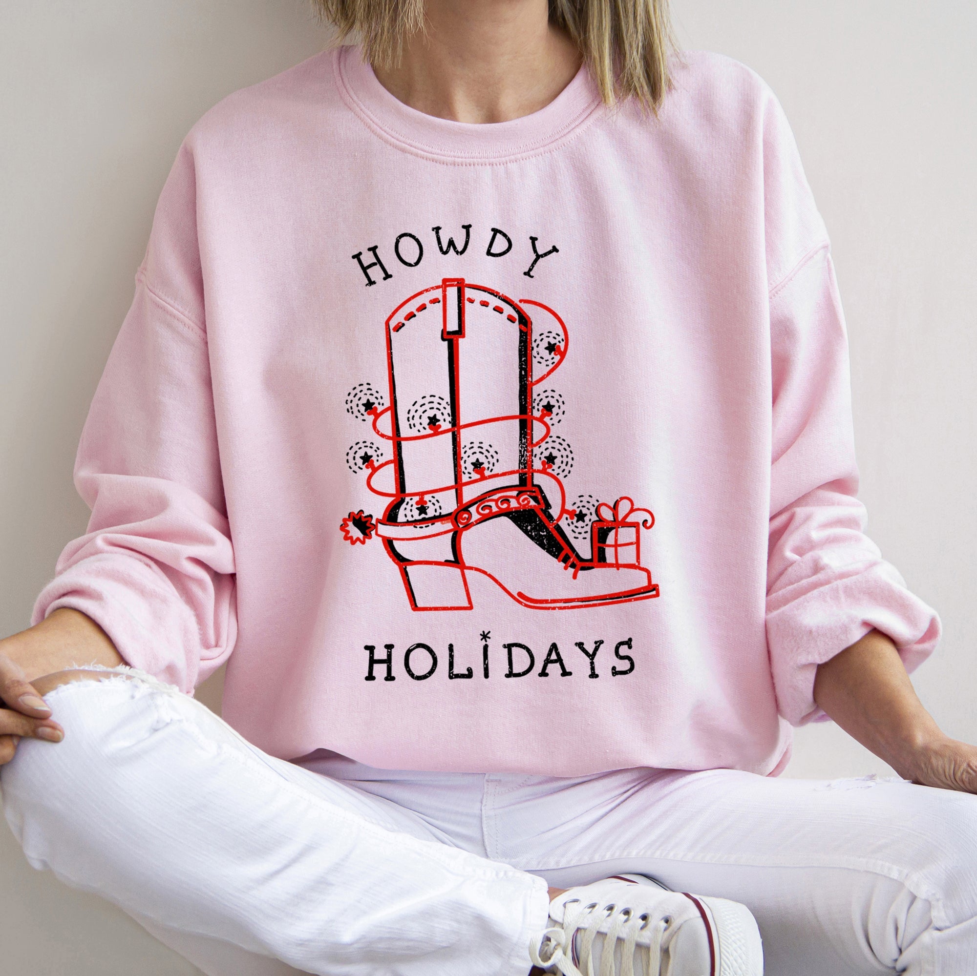 Howdy Holidays Christmas Cowboy Boot Western Holiday Spirit Graphic Festive Sweatshirt