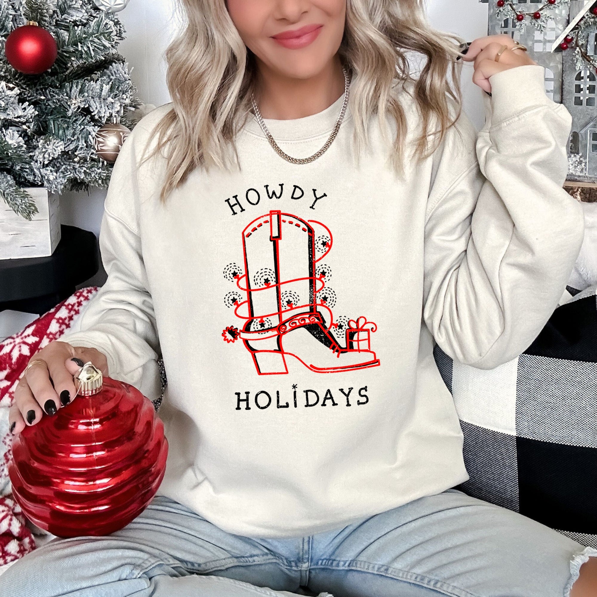 Howdy Holidays Christmas Cowboy Boot Western Holiday Spirit Graphic Festive Sweatshirt