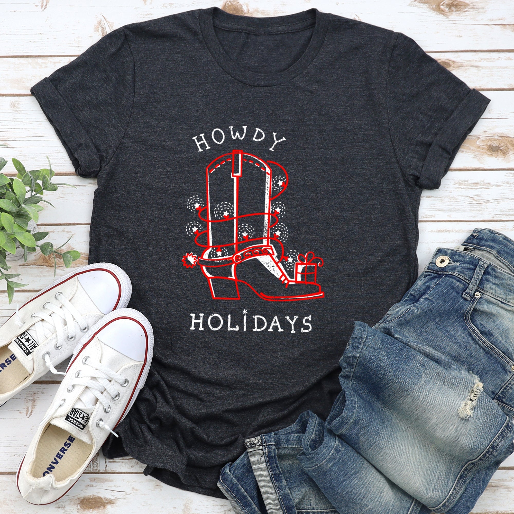 Howdy Holidays Christmas Cowboy Boot Retro Vintage Western Holiday Edition Graphic Tee