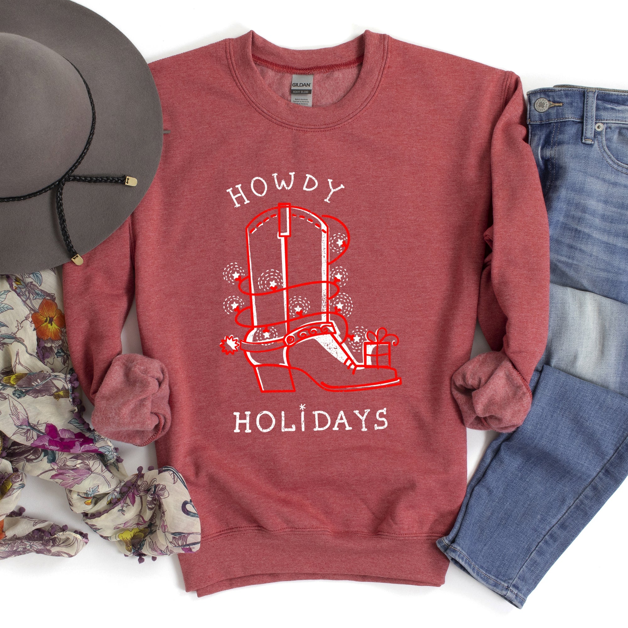 Howdy Holidays Christmas Cowboy Boot Sweatshirt With Festive Print And Cozy Winter Warmth