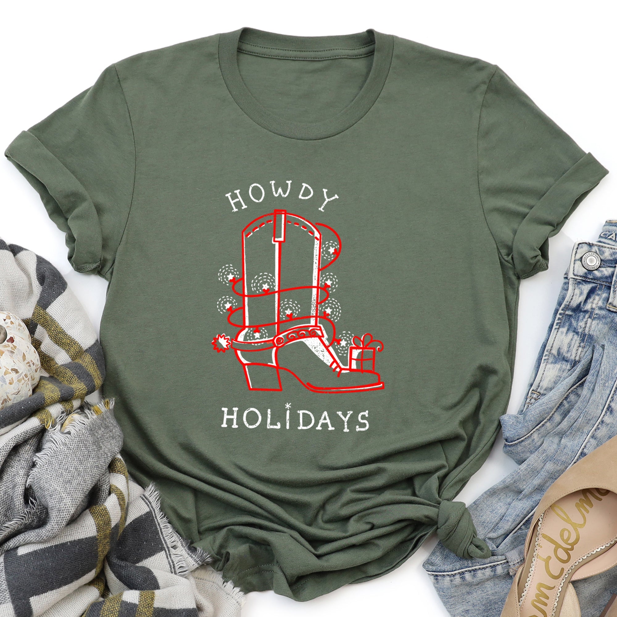 Howdy Holidays Christmas Cowboy Boot Retro Vintage Western Holiday Edition Graphic Tee
