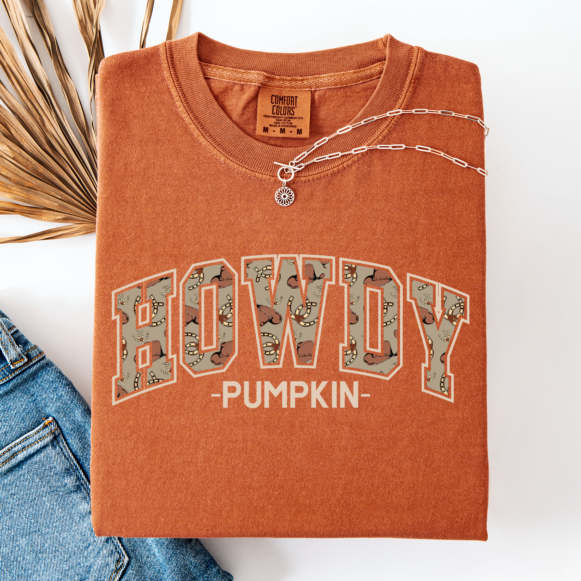 Howdy Pumpkin Fall Brush Stroke Floral Pumpkin Frame Vintage Varsity Collegiate Autumn Graphic Comfort Colors Tee