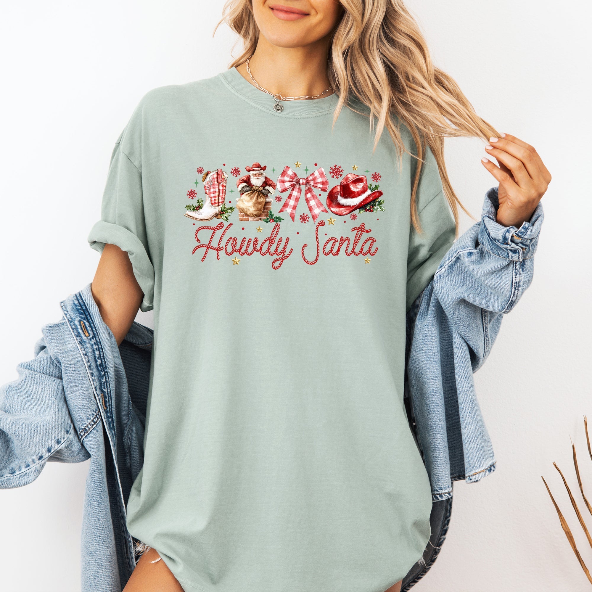 Howdy Santa Retro Country Western Ribbon Bows Christmas Xmas Vintage Holiday Cheer Comfort Colors Tee