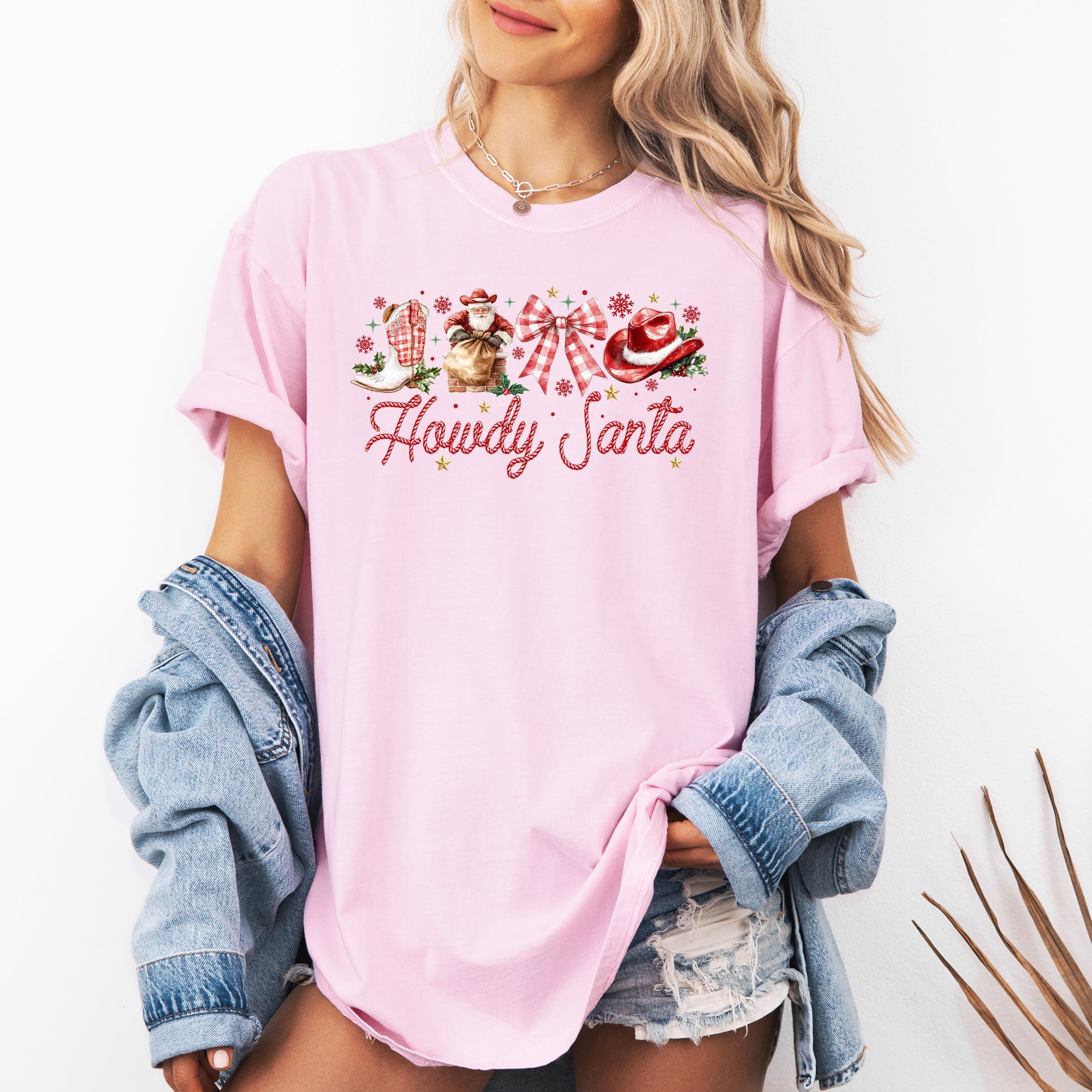 Howdy Santa Retro Country Western Ribbon Bows Christmas Xmas Vintage Holiday Cheer Comfort Colors Tee