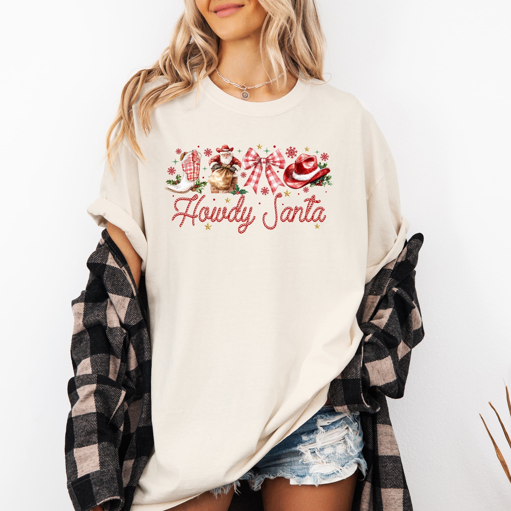 Howdy Santa Retro Country Western Ribbon Bows Christmas Xmas Vintage Holiday Cheer Comfort Colors Tee