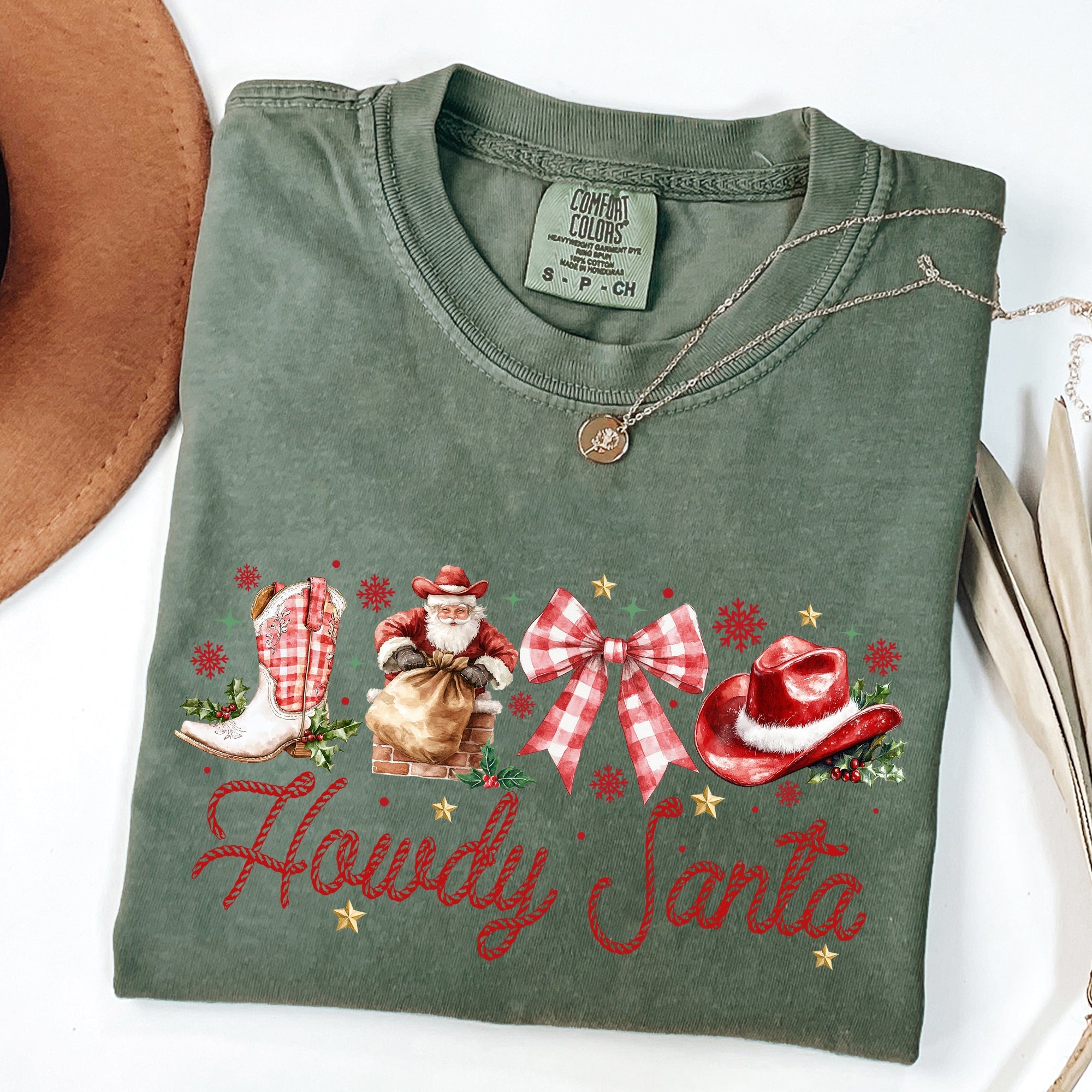 Howdy Santa Retro Country Western Ribbon Bows Christmas Xmas Vintage Holiday Cheer Comfort Colors Tee
