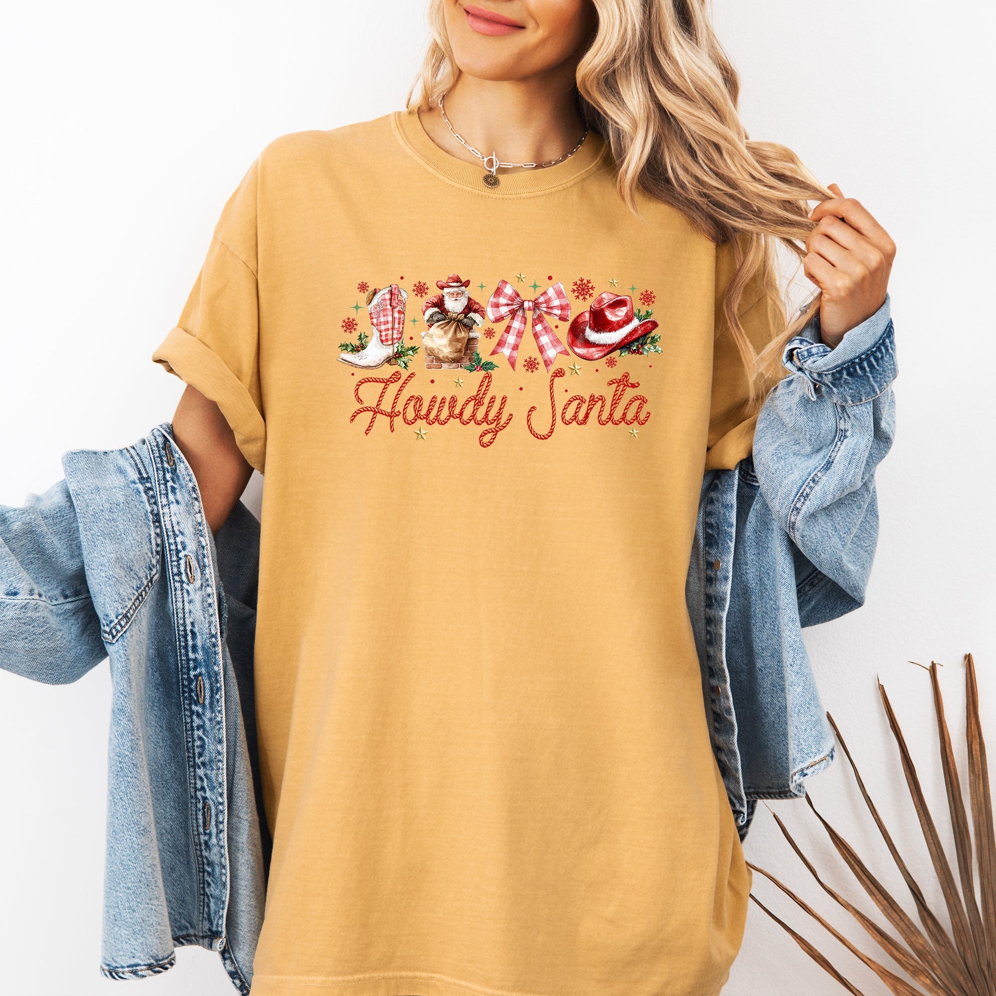 Howdy Santa Retro Country Western Ribbon Bows Christmas Xmas Vintage Holiday Cheer Comfort Colors Tee