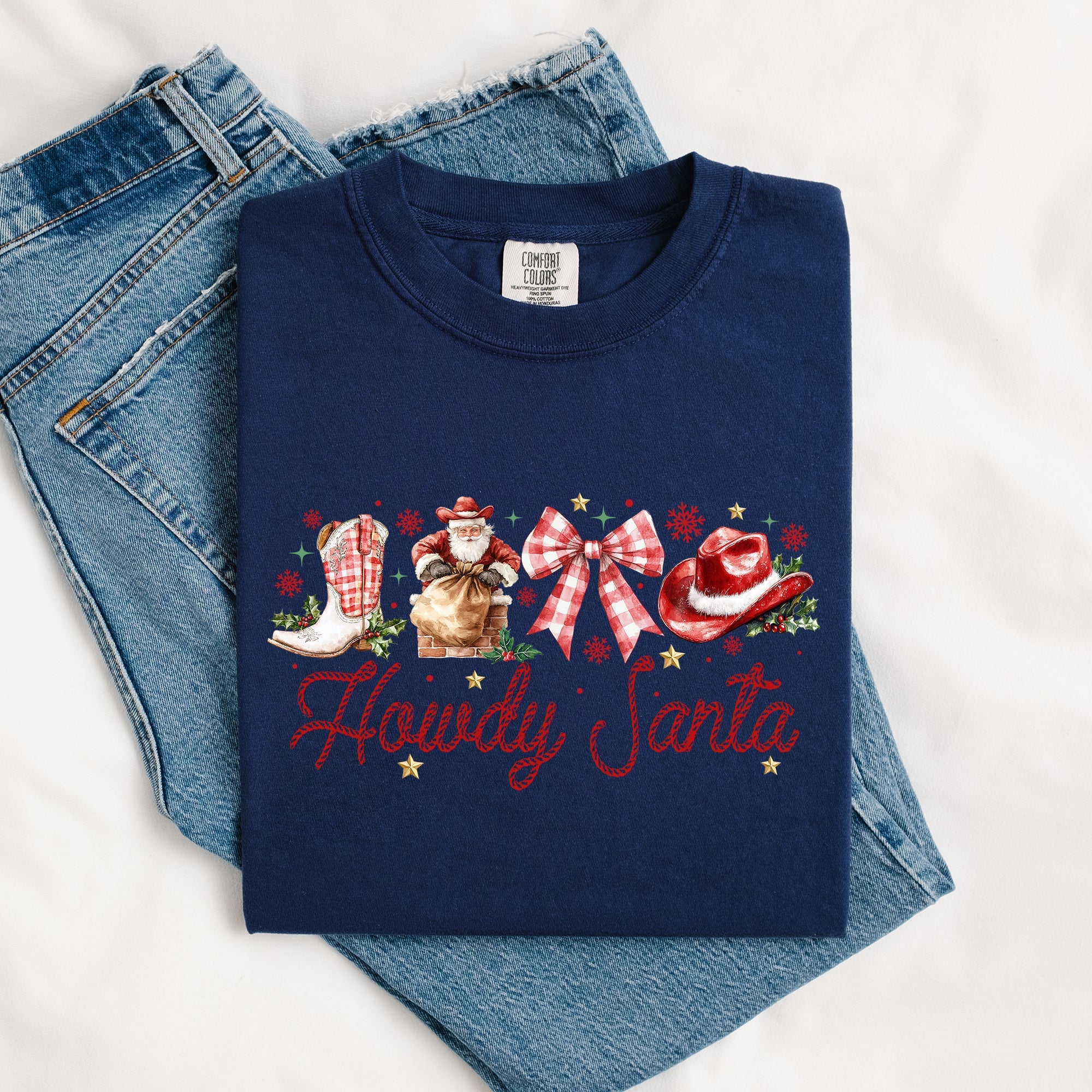 Howdy Santa Retro Country Western Ribbon Bows Christmas Xmas Vintage Holiday Cheer Comfort Colors Tee