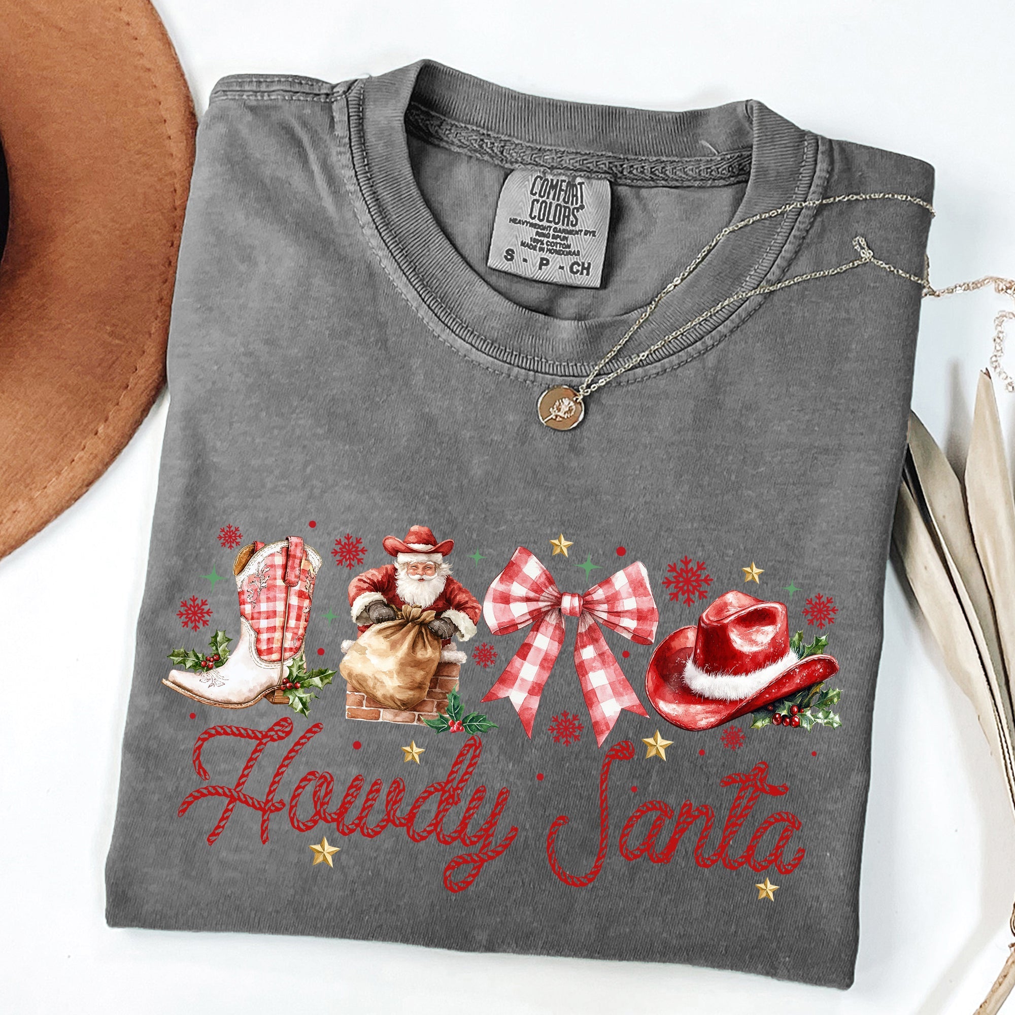 Howdy Santa Retro Country Western Ribbon Bows Christmas Xmas Vintage Holiday Cheer Comfort Colors Tee
