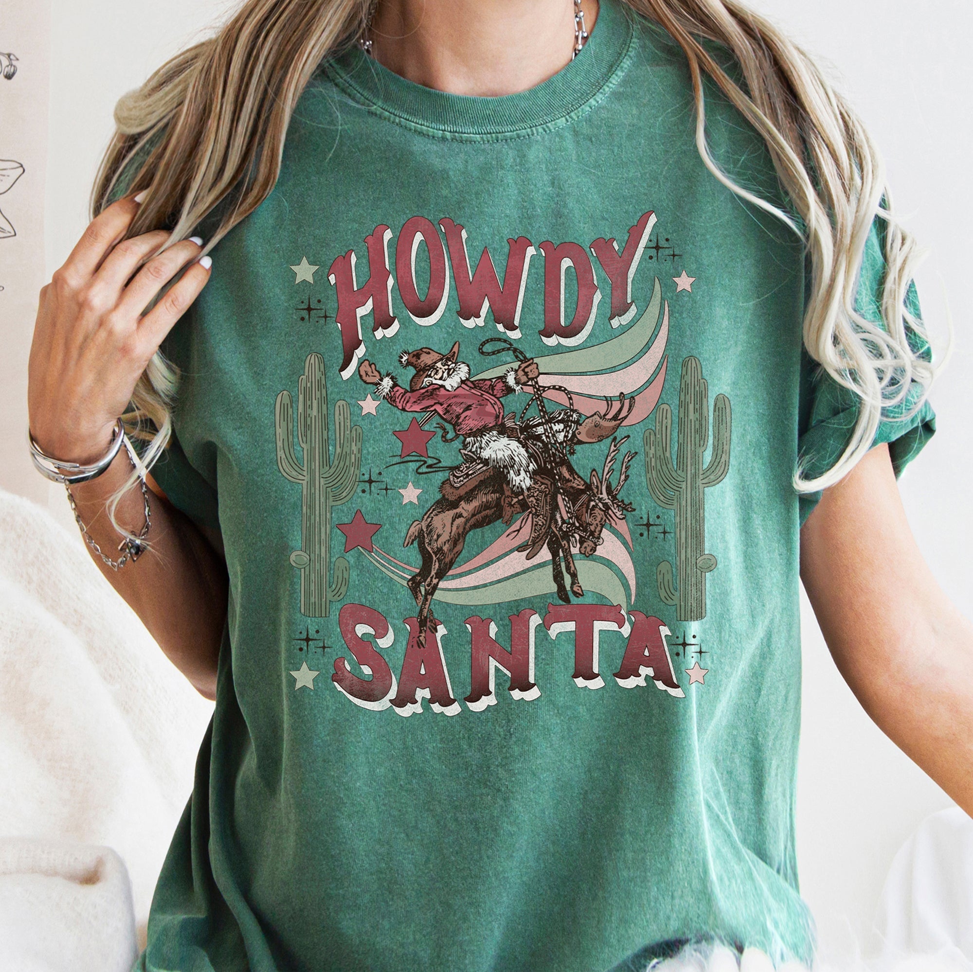 Howdy Santa Cowboy Reindeer Rodeo Desert Cactus Christmas Western Frontier Holiday Vintage Vibe Comfort Colors Tee