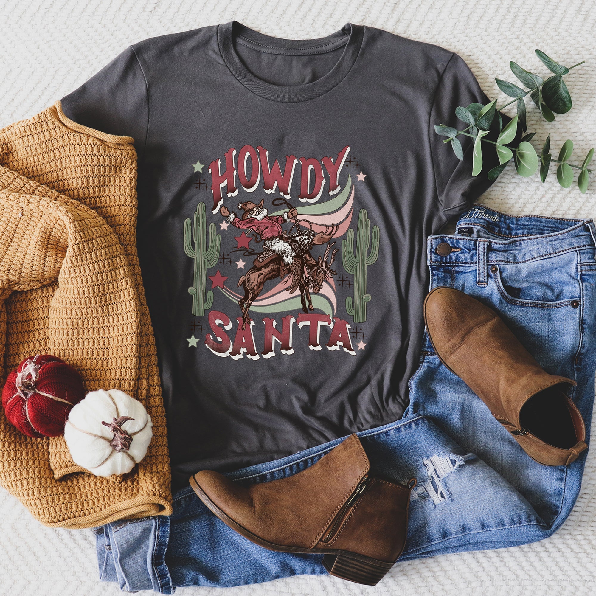 Howdy Santa Cowboy Reindeer Rodeo Desert Cactus Christmas Southwest Festive Graphic Tee