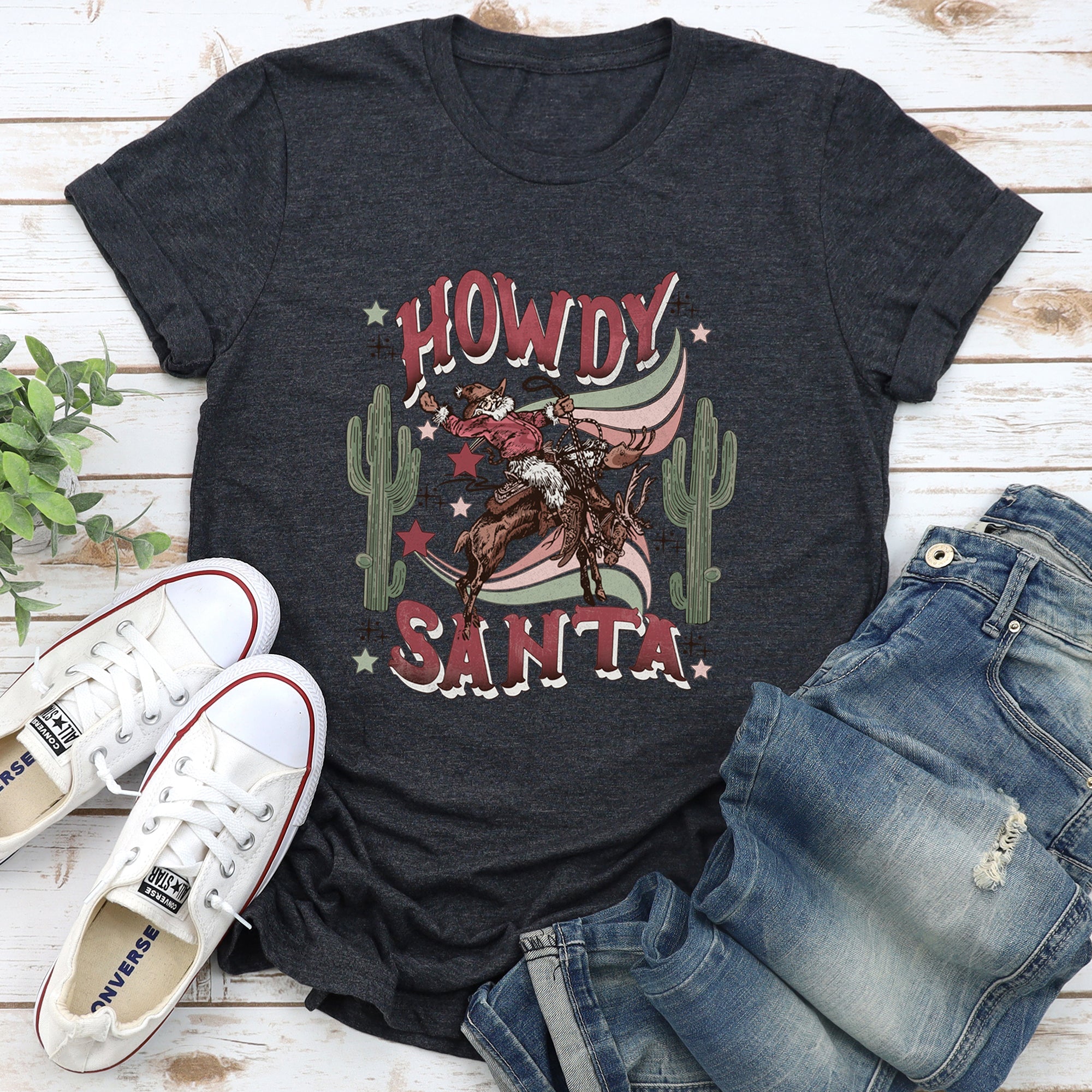 Howdy Santa Cowboy Reindeer Rodeo Desert Cactus Christmas Western Holiday Graphic Tee