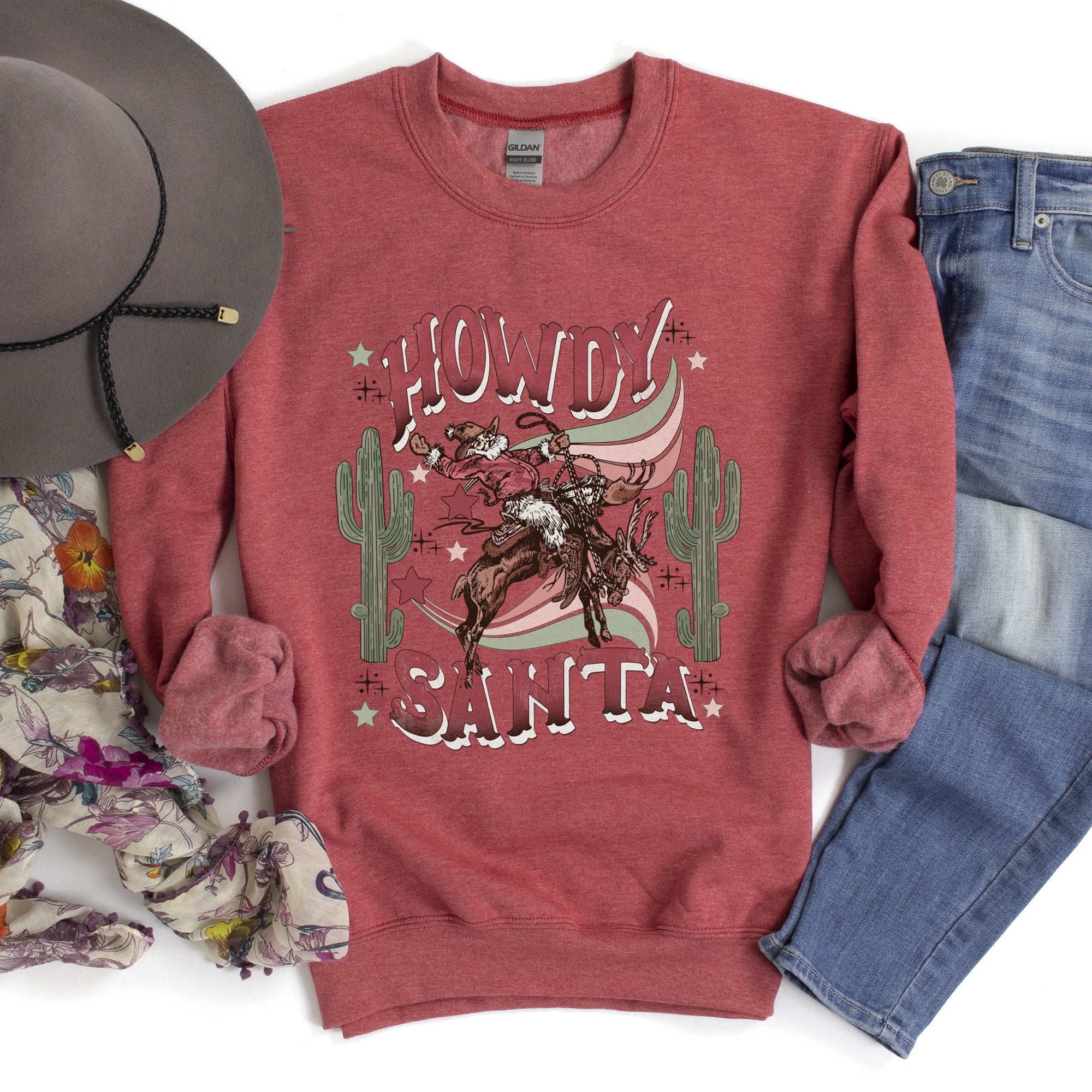 Howdy Santa, Reindeer Cowboy Rodeo Christmas Western Holiday Graphic Seasonal Sweatshirt