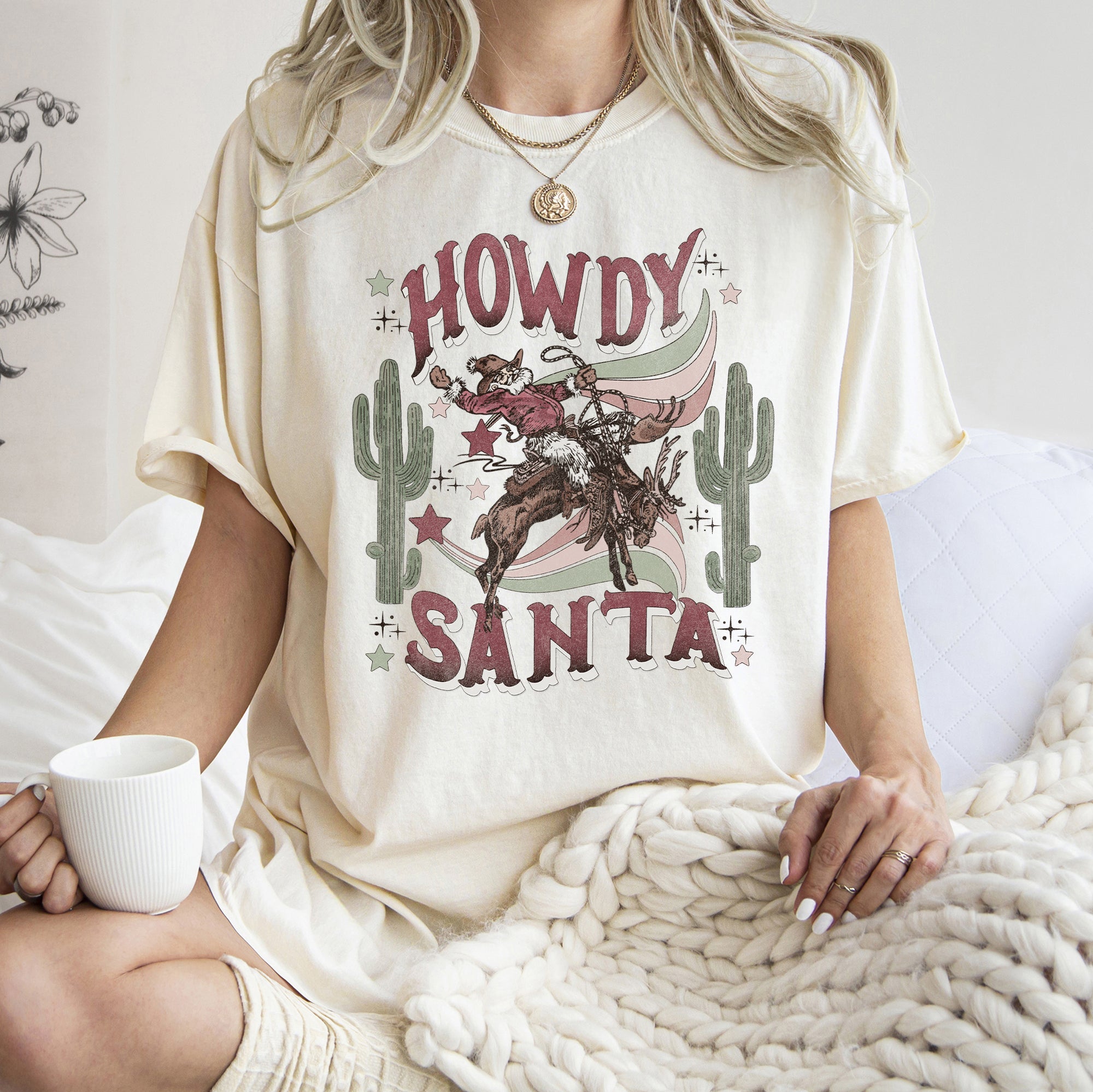 Howdy Santa Cowboy Reindeer Rodeo Desert Cactus Christmas Western Frontier Holiday Vintage Vibe Comfort Colors Tee