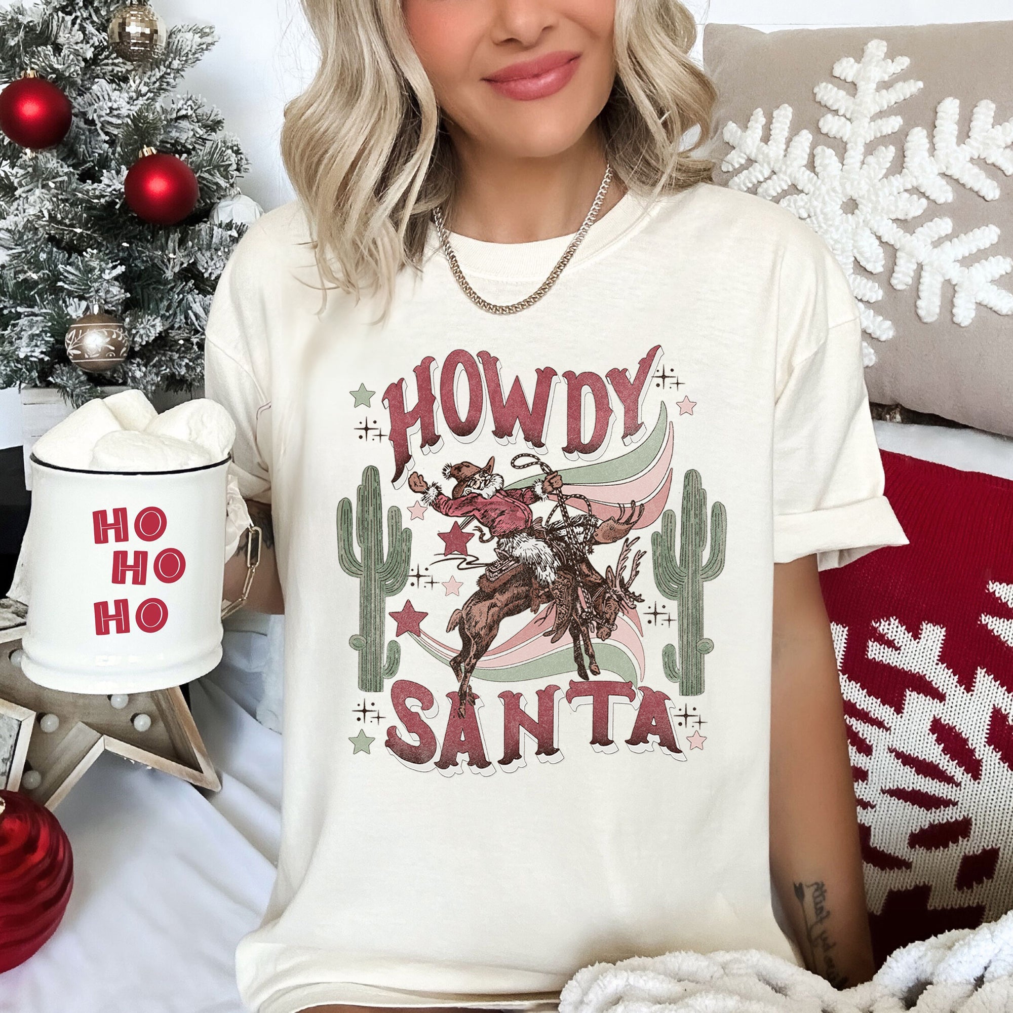 Howdy Santa Cowboy Reindeer Rodeo Desert Cactus Christmas Western Frontier Holiday Vintage Vibe Comfort Colors Tee