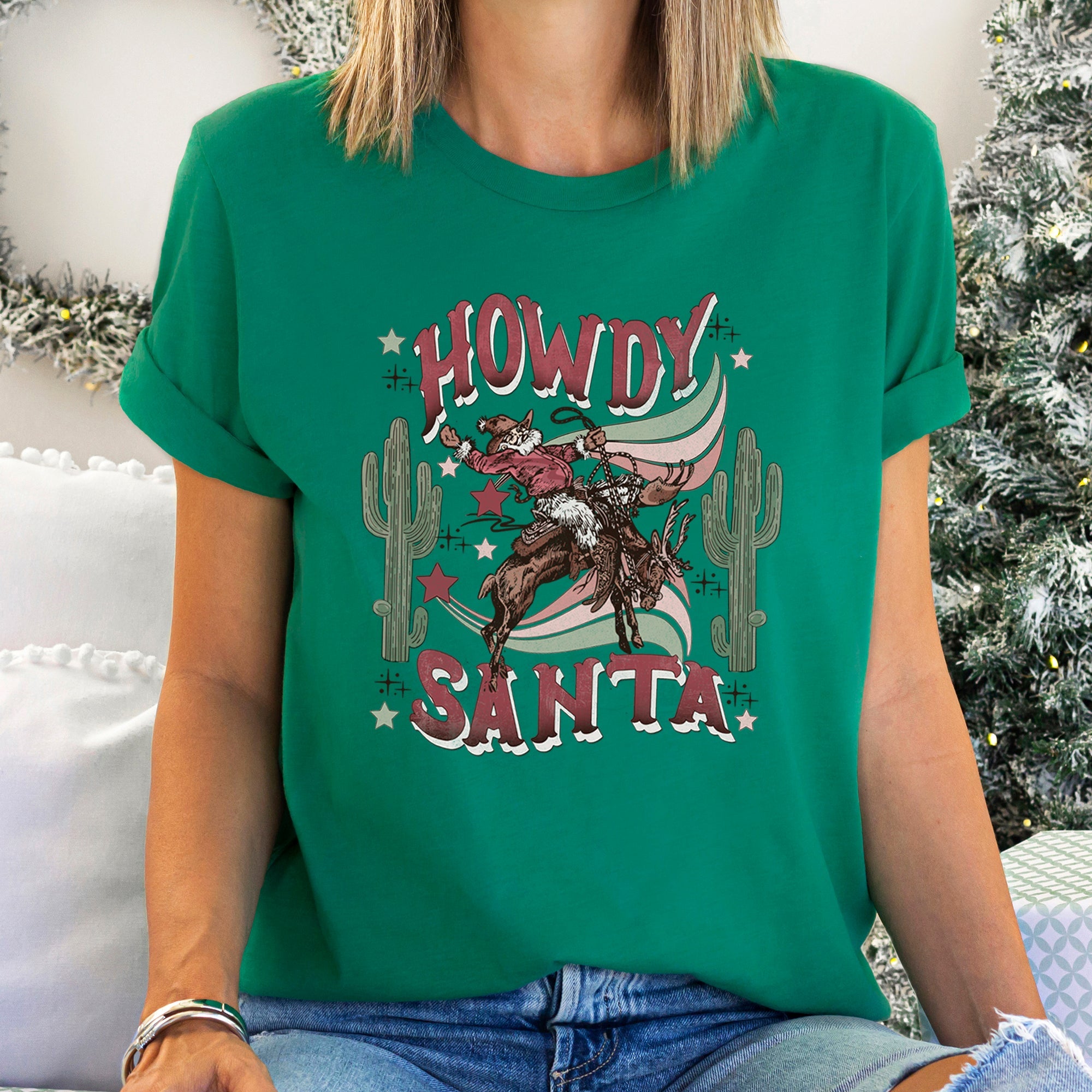 Howdy Santa Cowboy Reindeer Rodeo Desert Cactus Christmas Western Holiday Graphic Tee