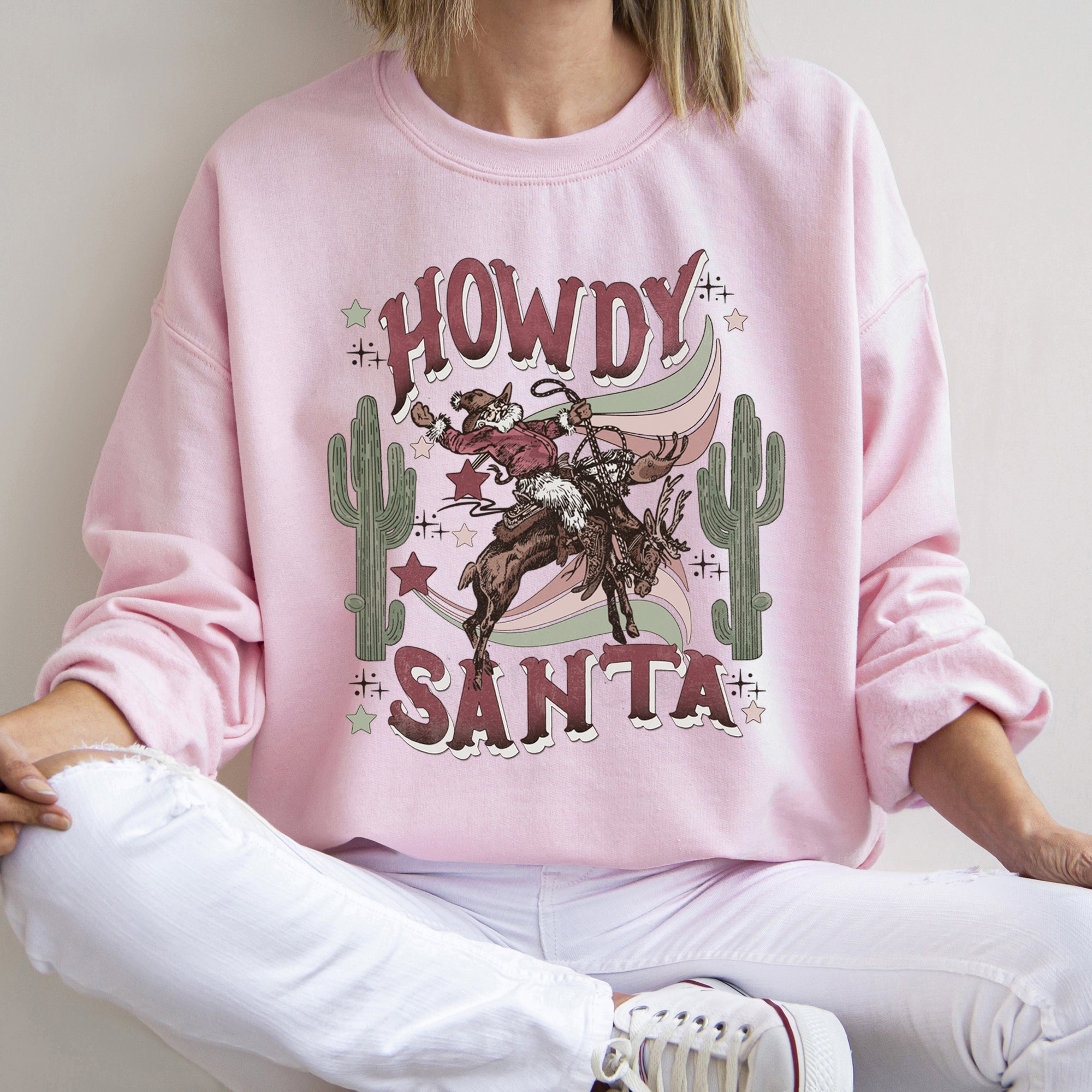 Howdy Santa, Reindeer Cowboy Rodeo Christmas Western Holiday Graphic Seasonal Sweatshirt
