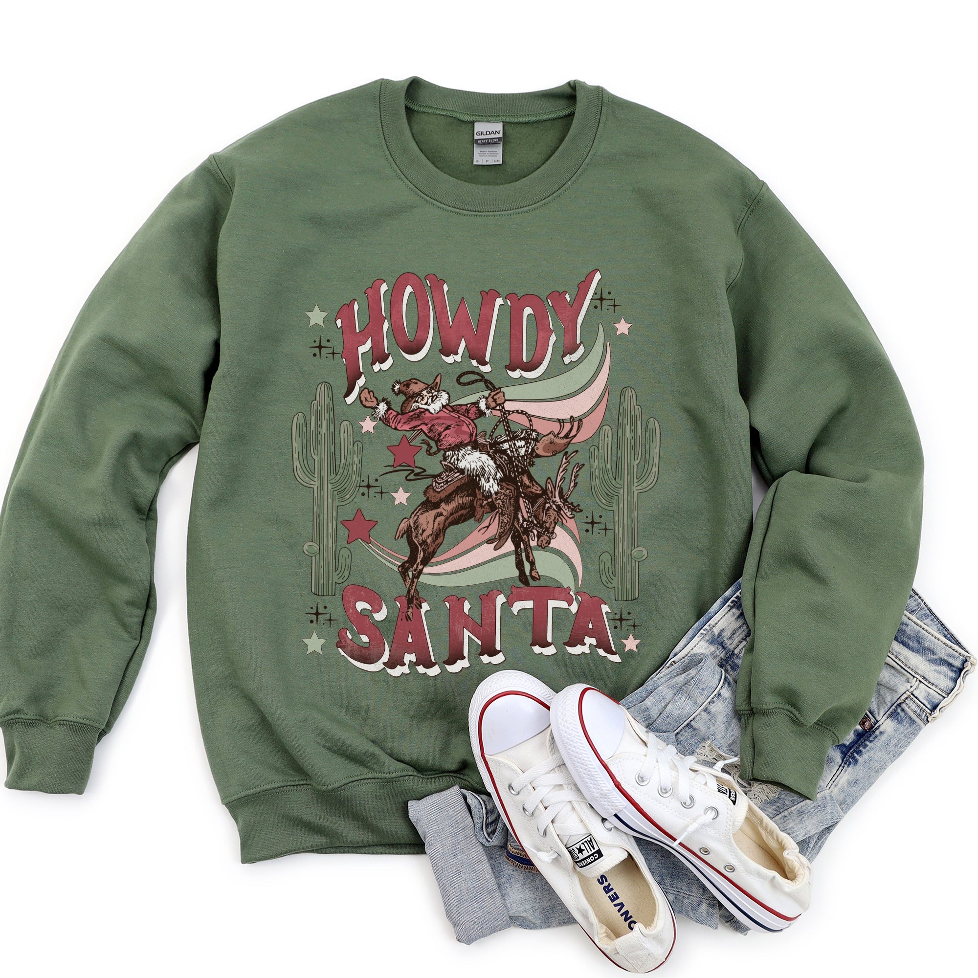Howdy Santa, Reindeer Cowboy Rodeo Christmas Western Holiday Graphic Seasonal Sweatshirt