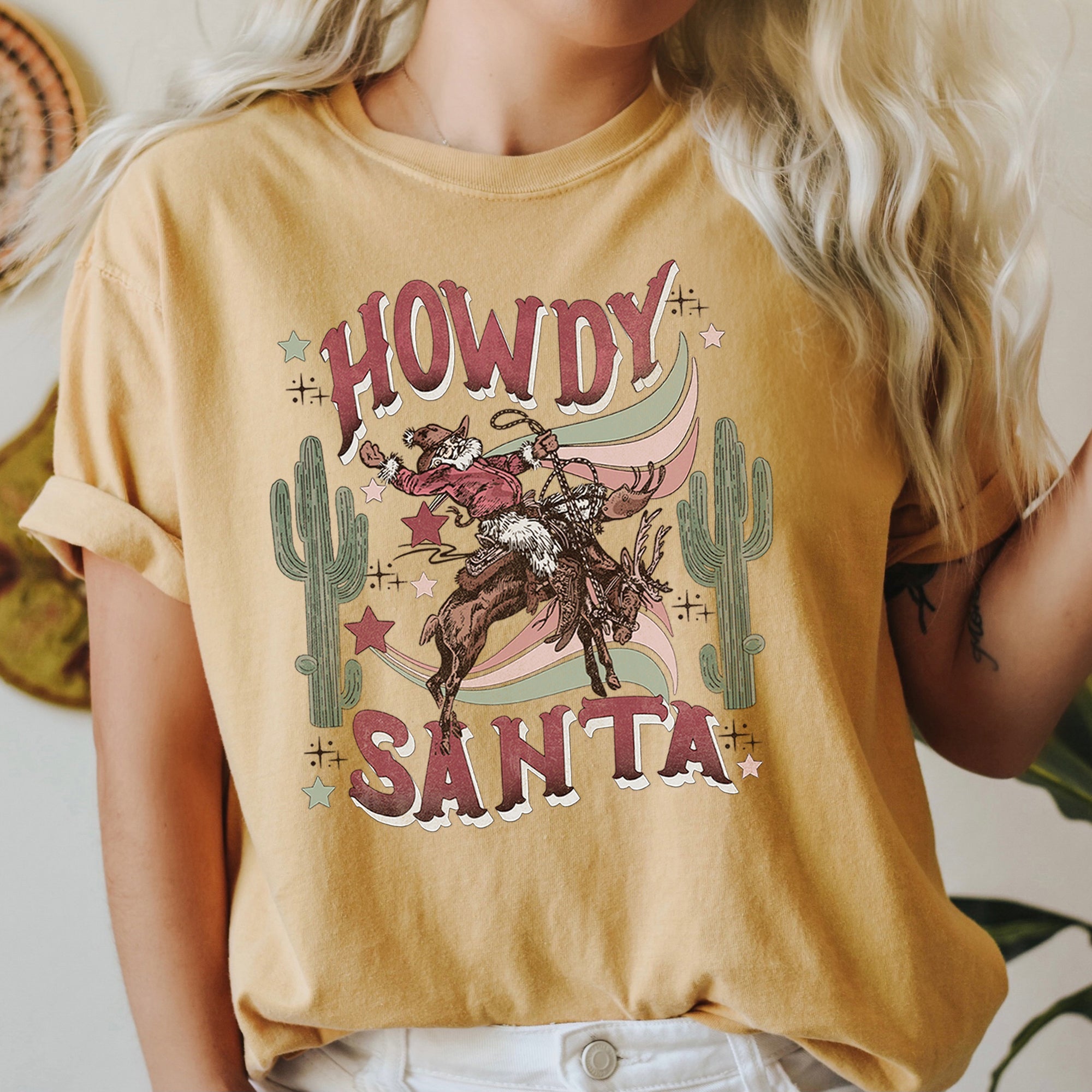 Howdy Santa Cowboy Reindeer Rodeo Desert Cactus Christmas Western Frontier Holiday Vintage Vibe Comfort Colors Tee