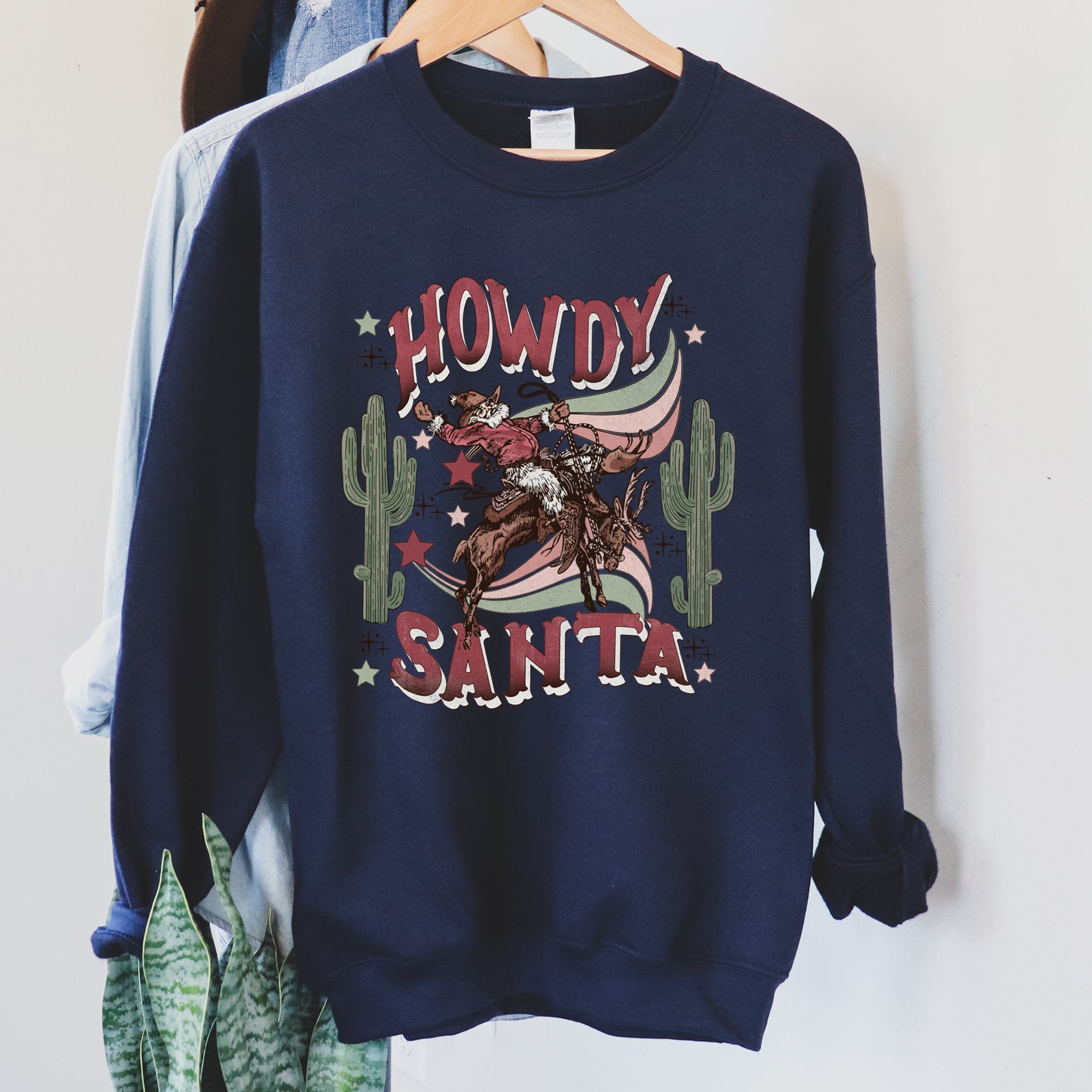Howdy Santa, Reindeer Cowboy Rodeo Christmas Western Holiday Graphic Seasonal Sweatshirt