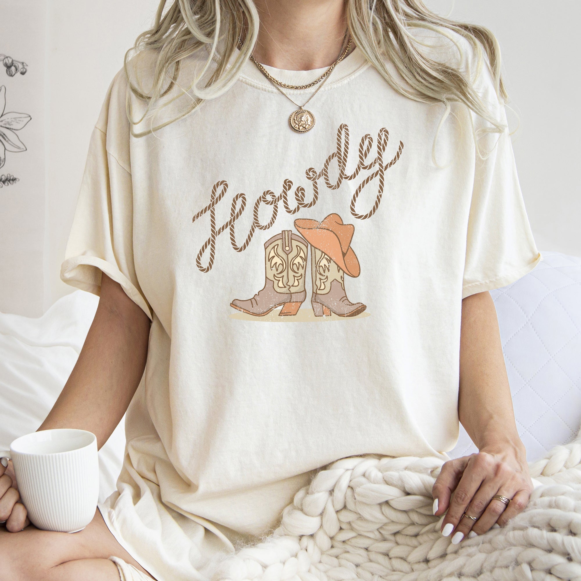 Howdy Cowboy Boots Western Country Cowgirl Vintage Sunset Print Comfort Colors Tee
