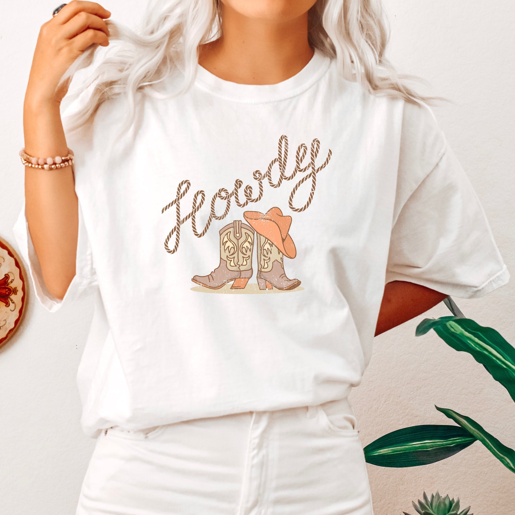 Howdy Cowboy Boots Western Country Cowgirl Vintage Sunset Print Comfort Colors Tee
