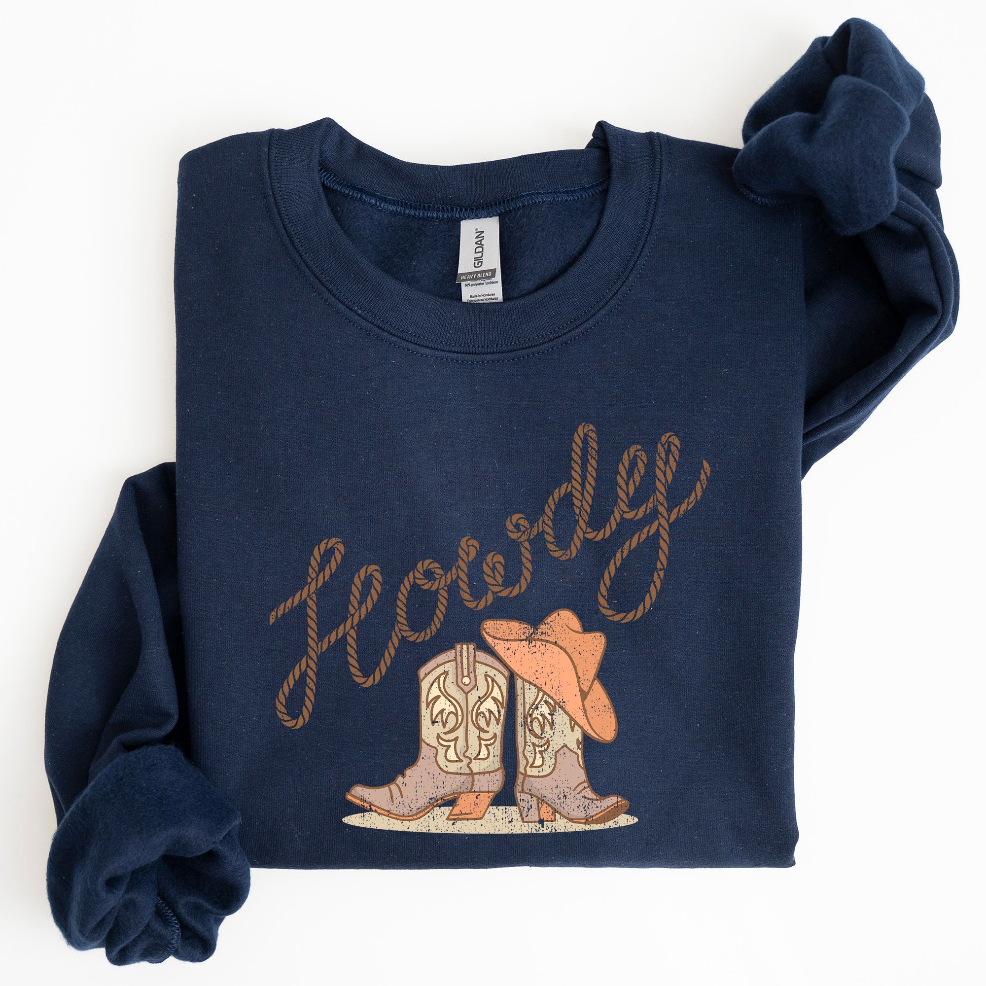 Howdy Cowboy Boots Western Country Cowgirl Rustic Rodeo Style Artsy Vintage Print Cozy Fleece Sweatshirt