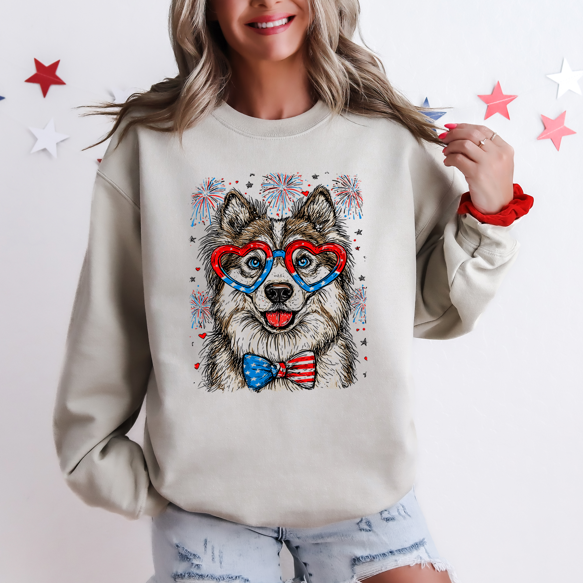 Husky Patriotic Dog USA American Flag Fourth of July Pride Pet Lover All-American Sweatshirt