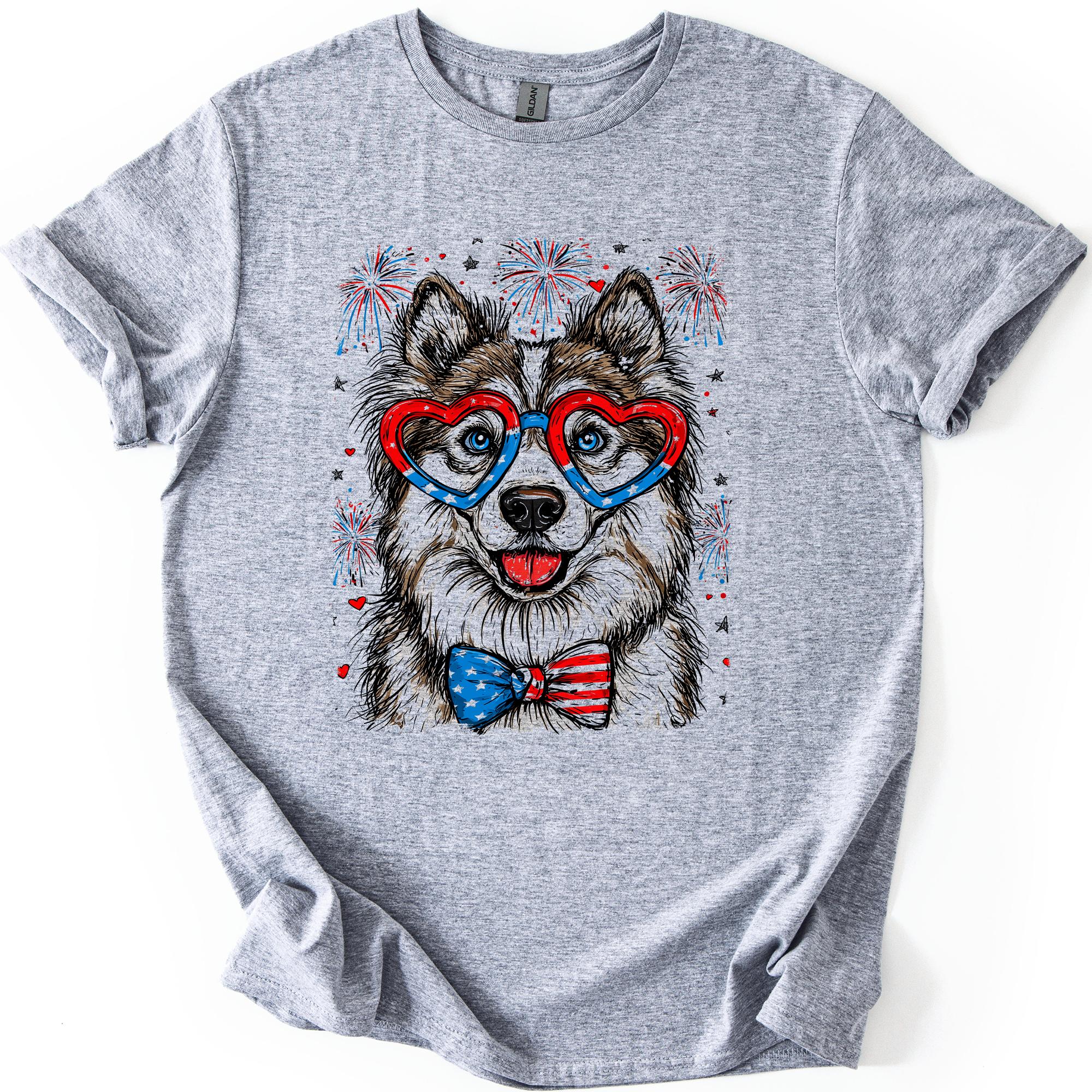 Husky Patriotic Dog USA Flag Fourth Of July Celebration For Pet Lovers Graphic Tee