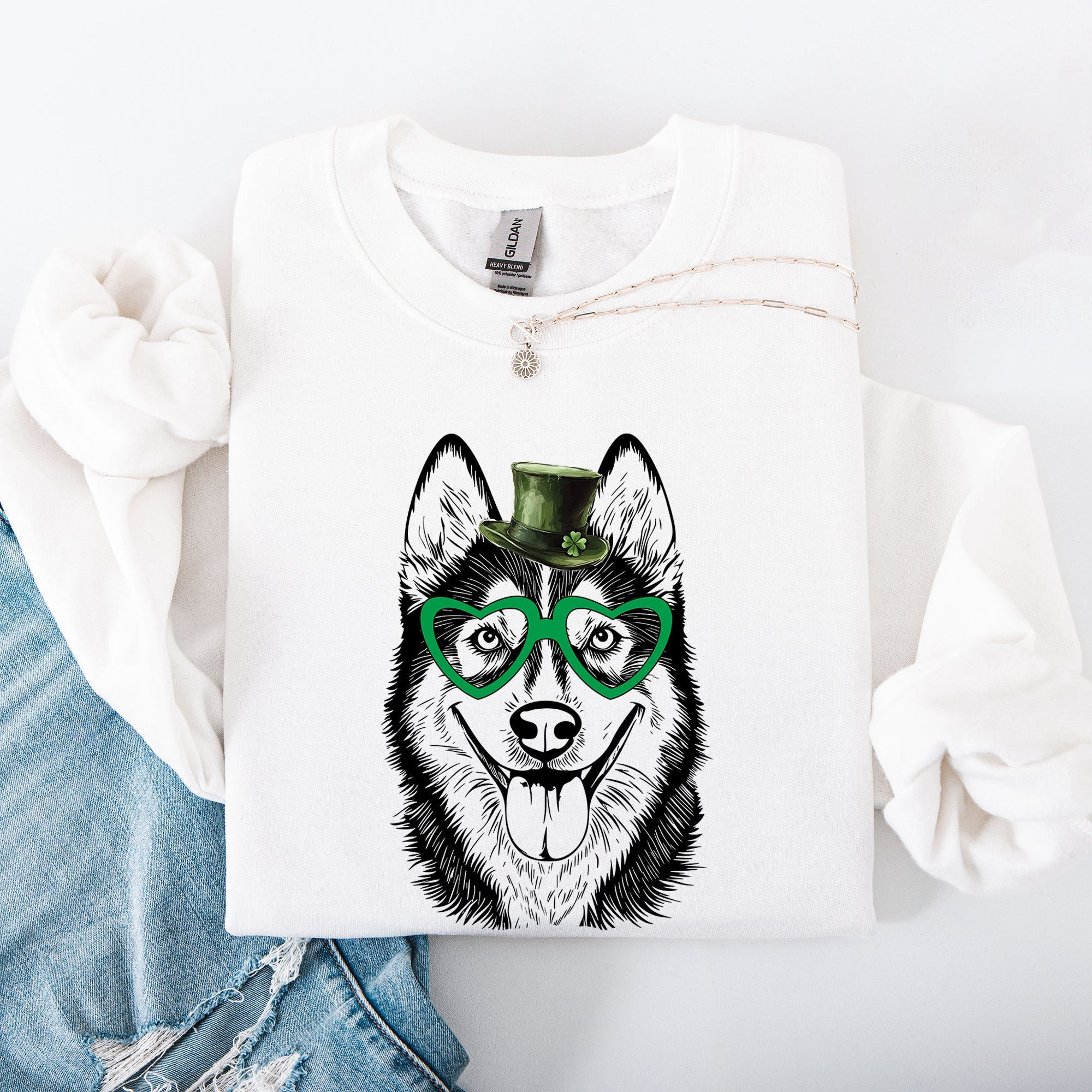 Husky Adorable Dog St Patrick's Day Lucky Irish Whimsical Festive Classic Sweatshirt