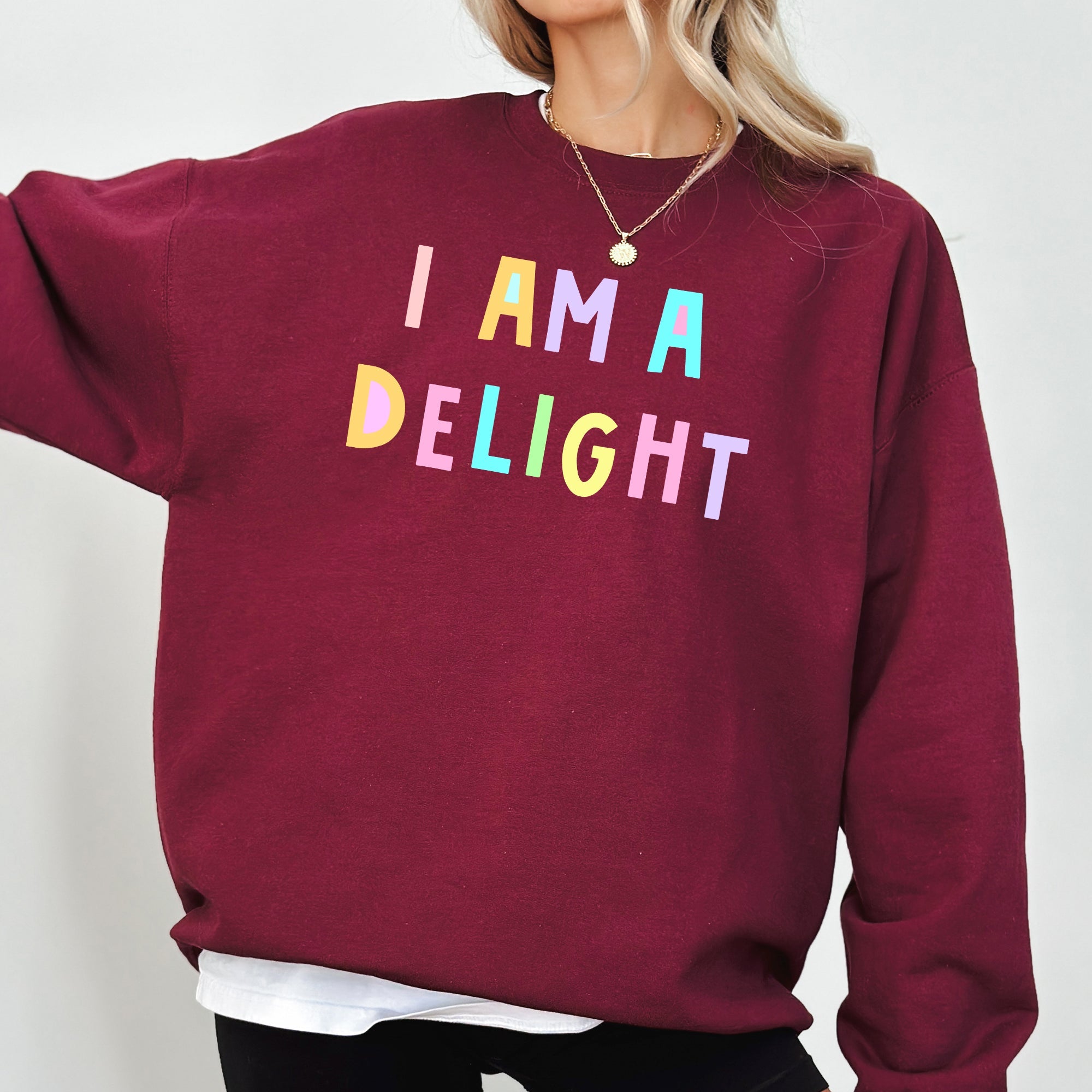 I Am A Delight Sweatshirt Positive Humor Sarcastic Mental Health Message Lighthearted Feel Good Everyday Wear