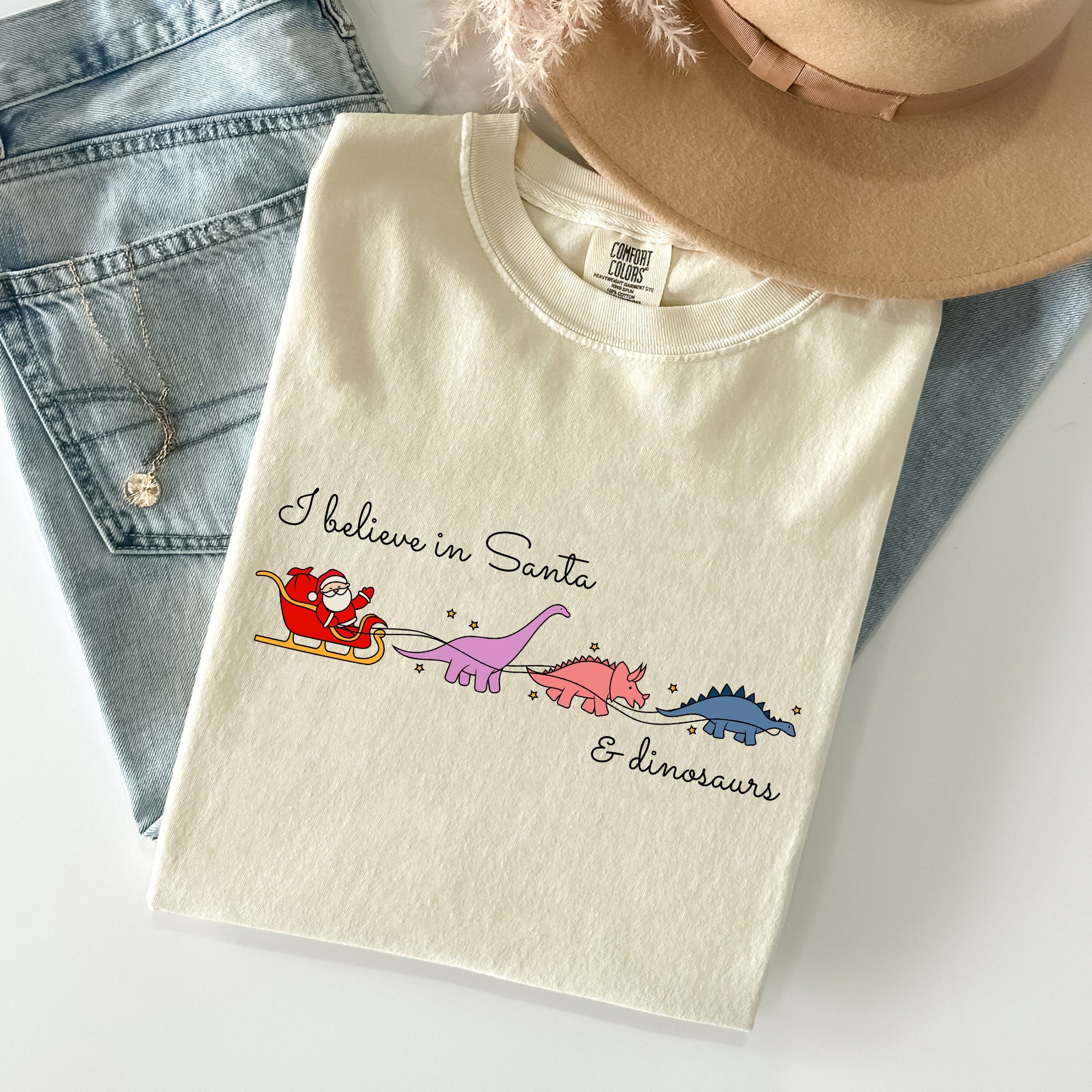 I Believe In Santa And Dinosaurs Sleigh Reindeer Christmas Winter Xmas Comfort Colors Tee