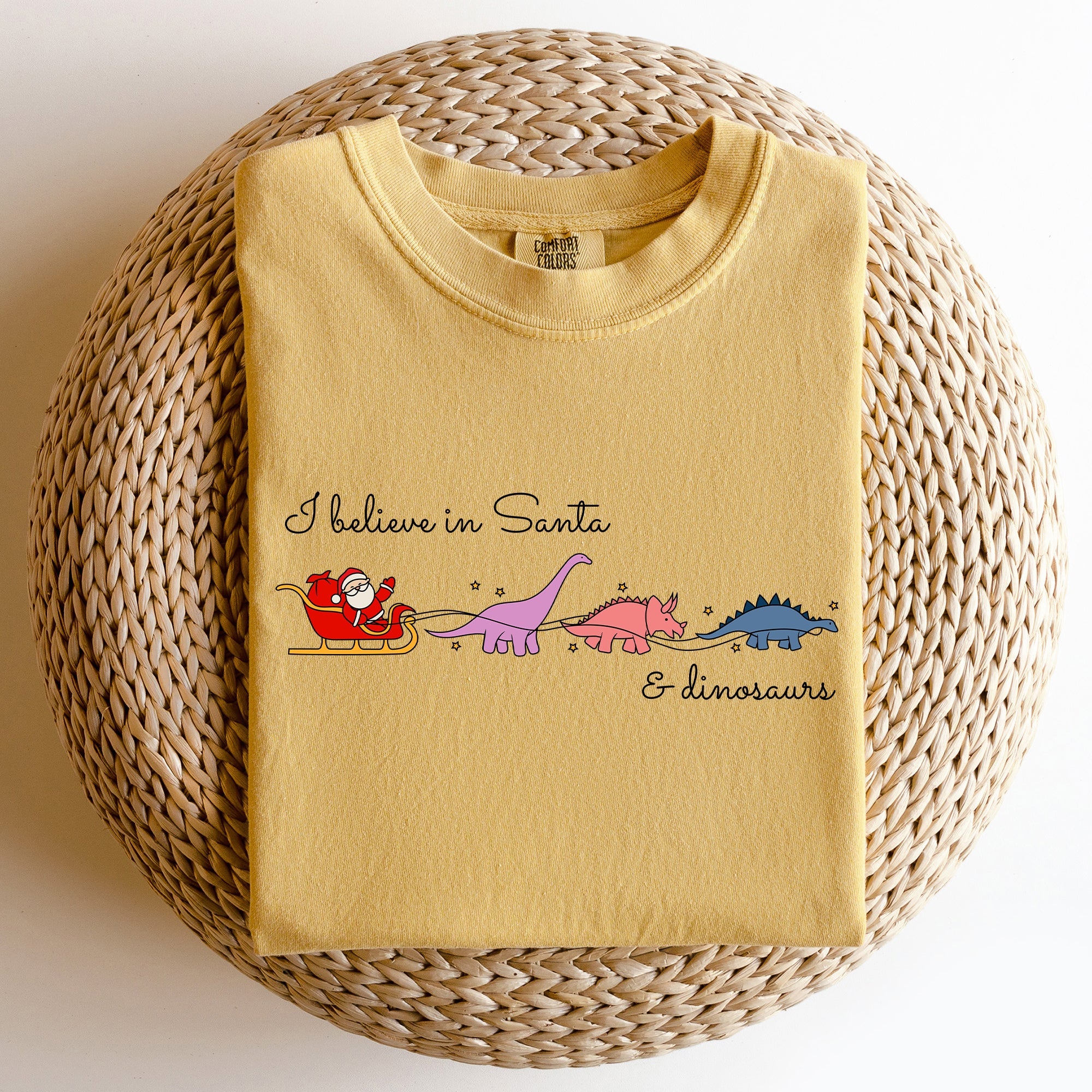 I Believe In Santa And Dinosaurs Sleigh Reindeer Christmas Winter Xmas Comfort Colors Tee