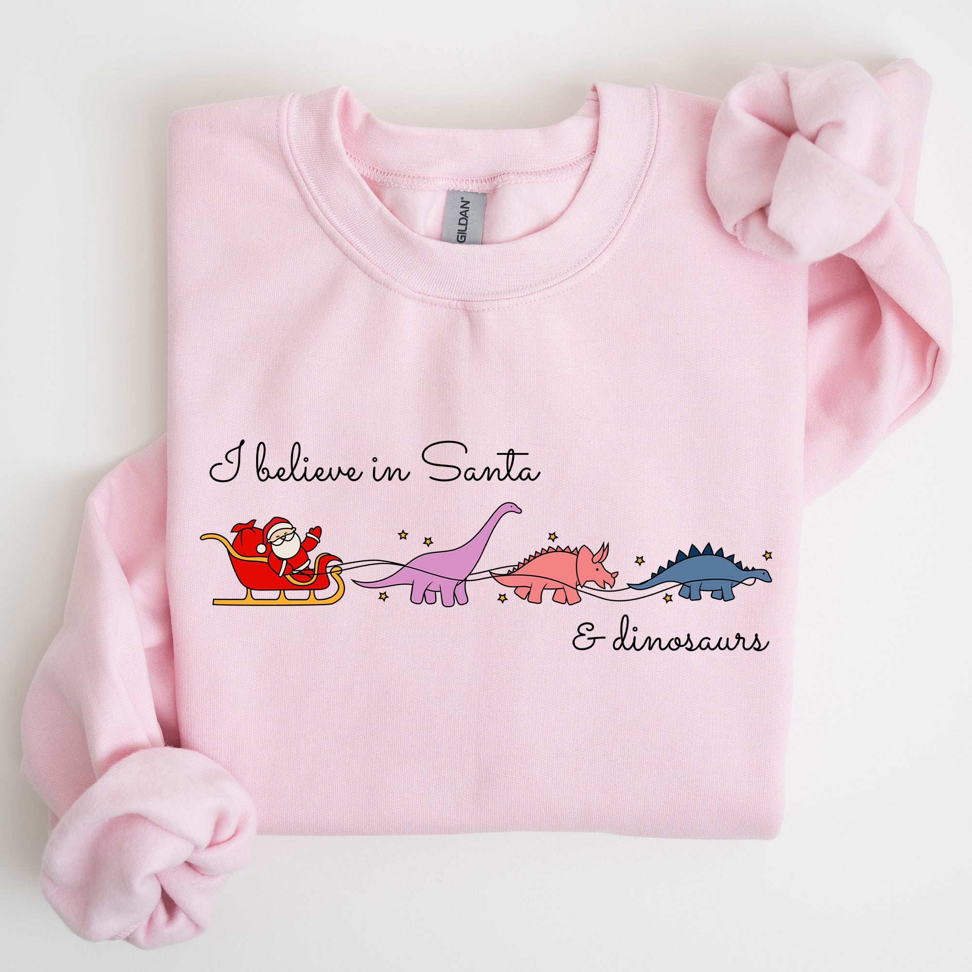 I Believe In Santa And Dinosaurs Sleigh Reindeer Christmas Holiday Cheer Sweatshirt