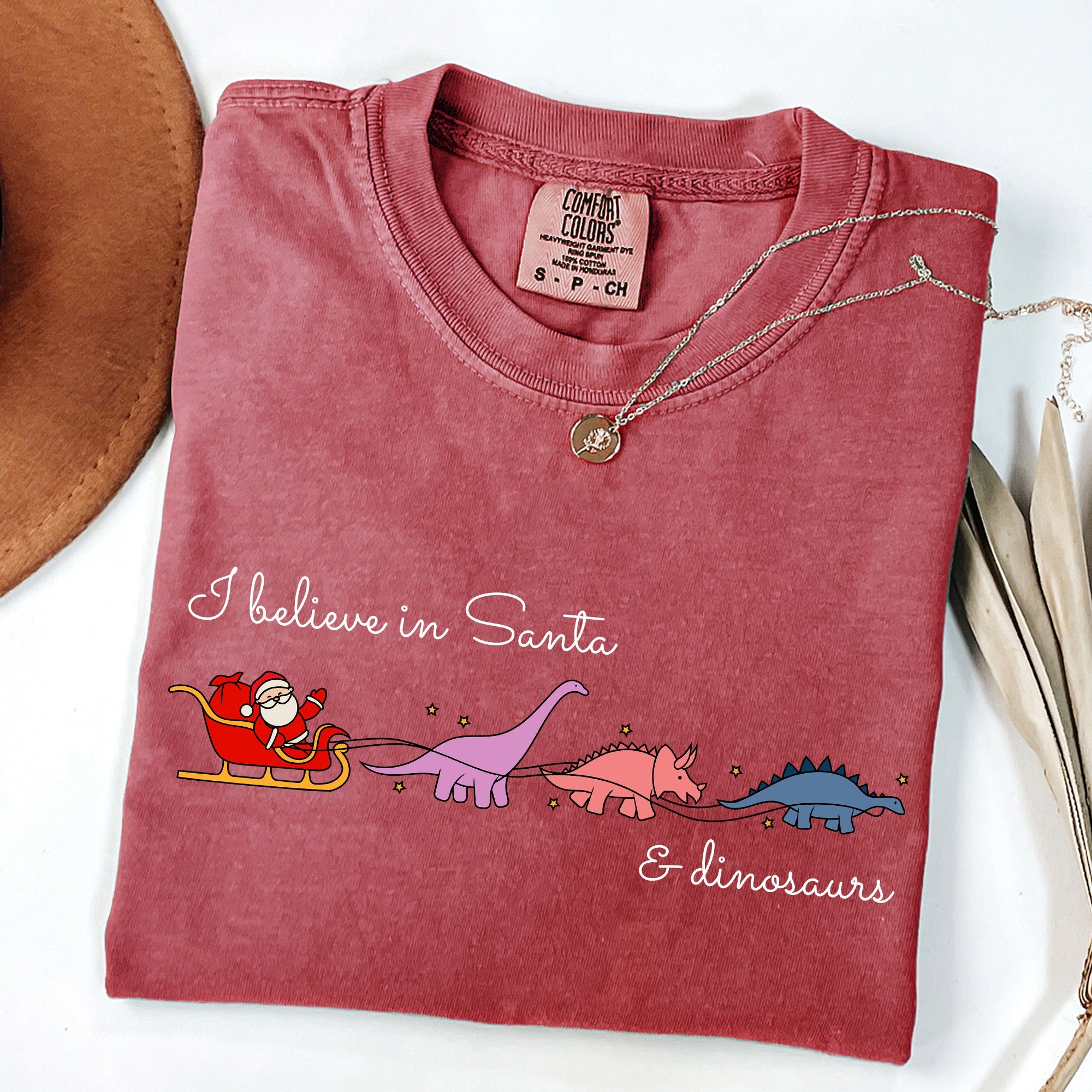 I Believe In Santa And Dinosaurs Sleigh Reindeer Christmas Winter Xmas Comfort Colors Tee