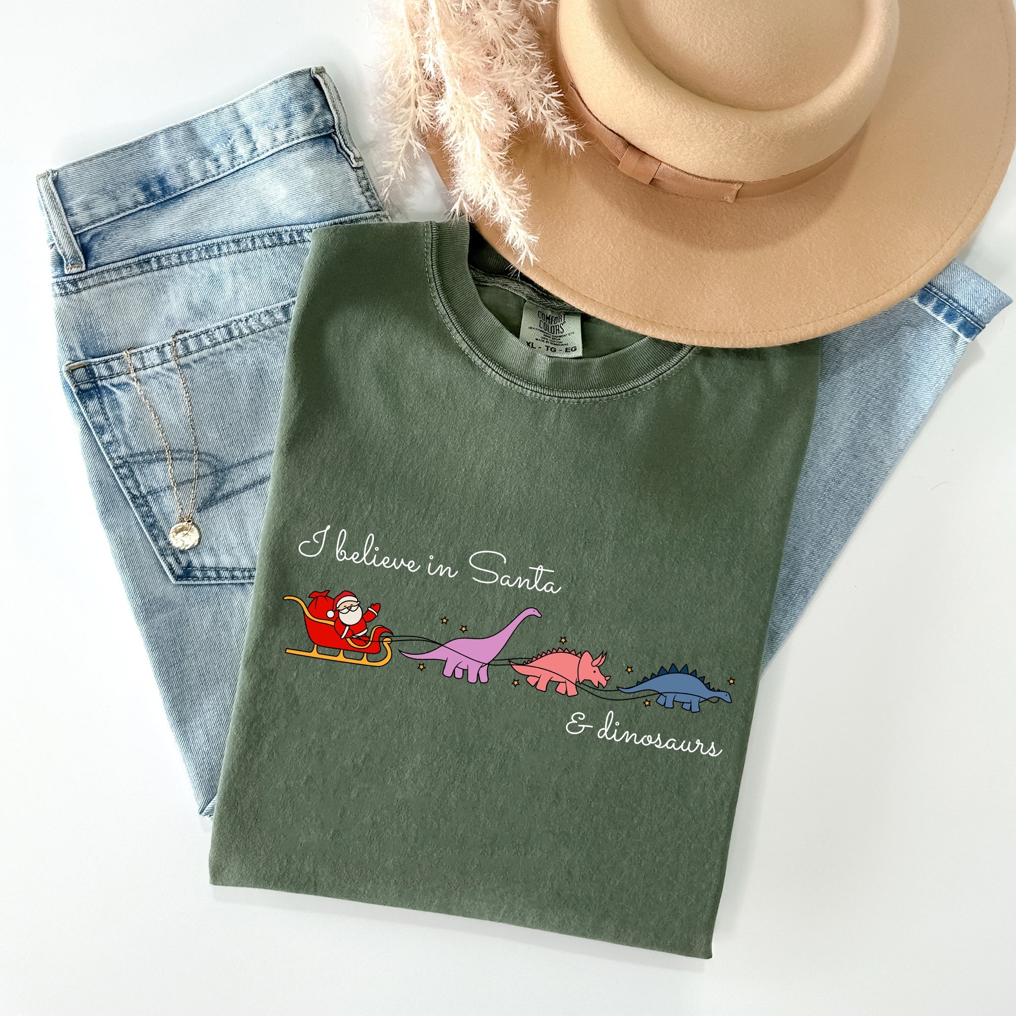 I Believe In Santa And Dinosaurs Sleigh Reindeer Christmas Winter Xmas Comfort Colors Tee