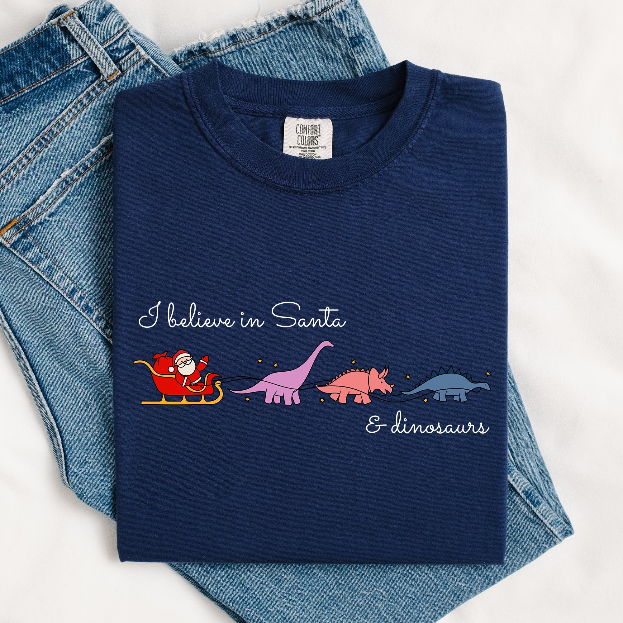 I Believe In Santa And Dinosaurs Sleigh Reindeer Christmas Winter Xmas Comfort Colors Tee