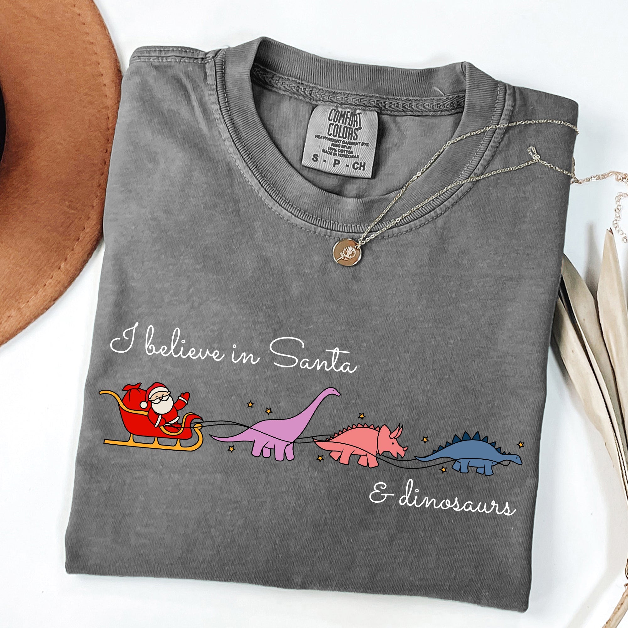 I Believe In Santa And Dinosaurs Sleigh Reindeer Christmas Winter Xmas Comfort Colors Tee