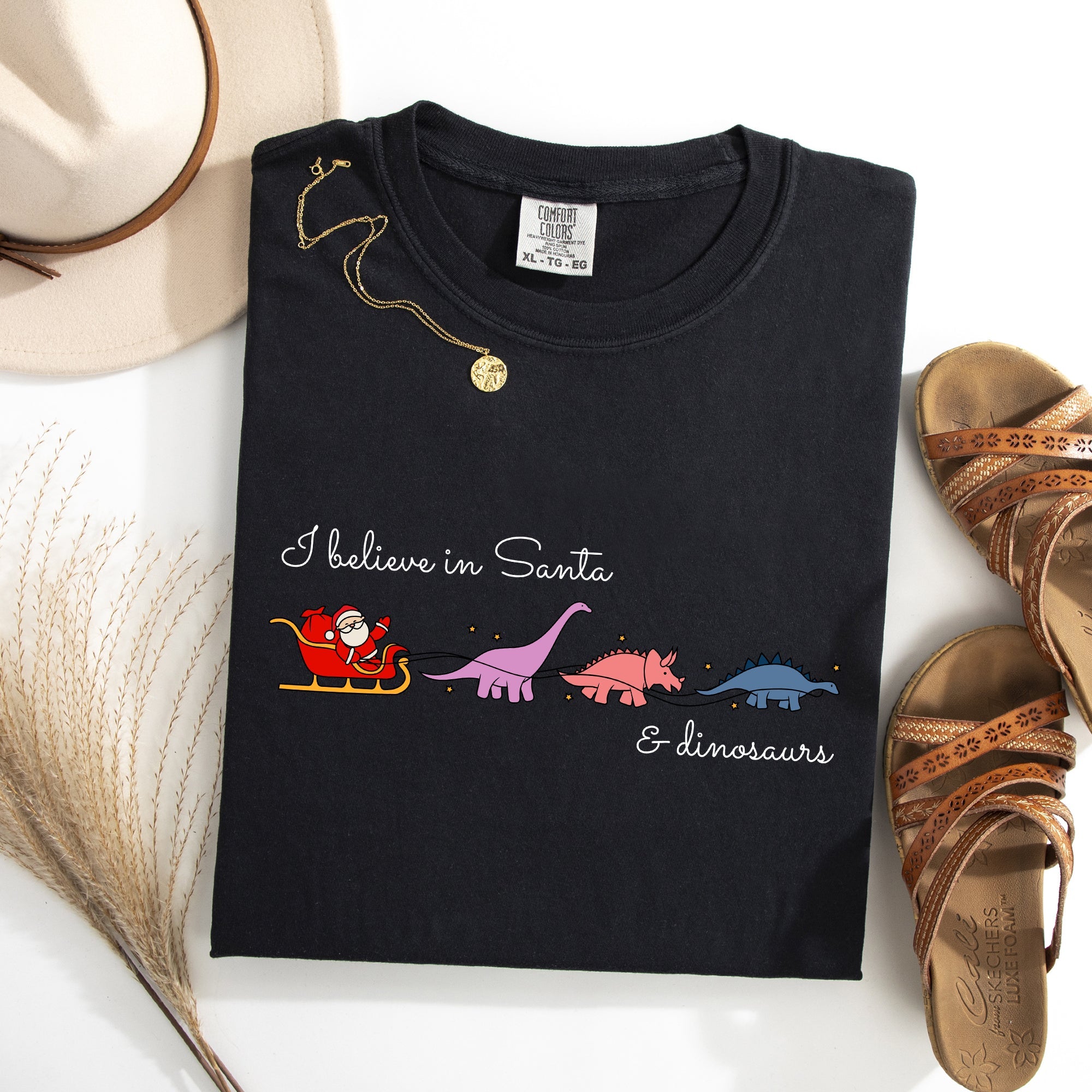 I Believe In Santa And Dinosaurs Sleigh Reindeer Christmas Winter Xmas Comfort Colors Tee