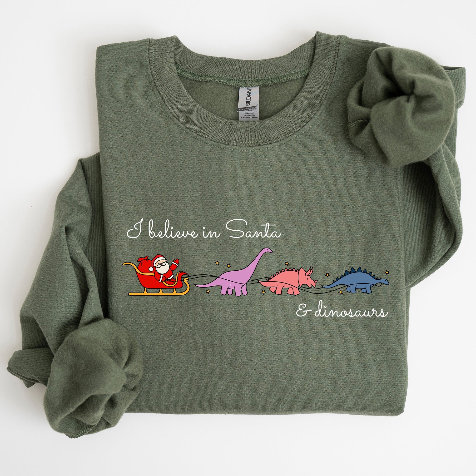 I Believe In Santa And Dinosaurs Sleigh Reindeer Christmas Holiday Cheer Sweatshirt