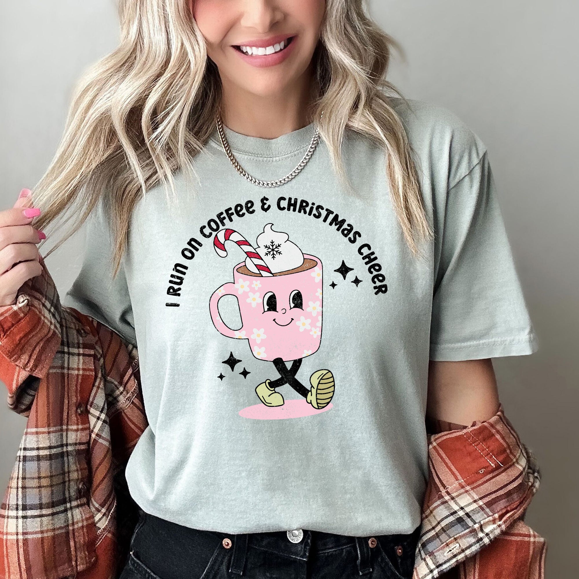 I Run On Coffee Christmas Cheer Retro Vintage Festive Holiday Edition Comfort Colors Tee