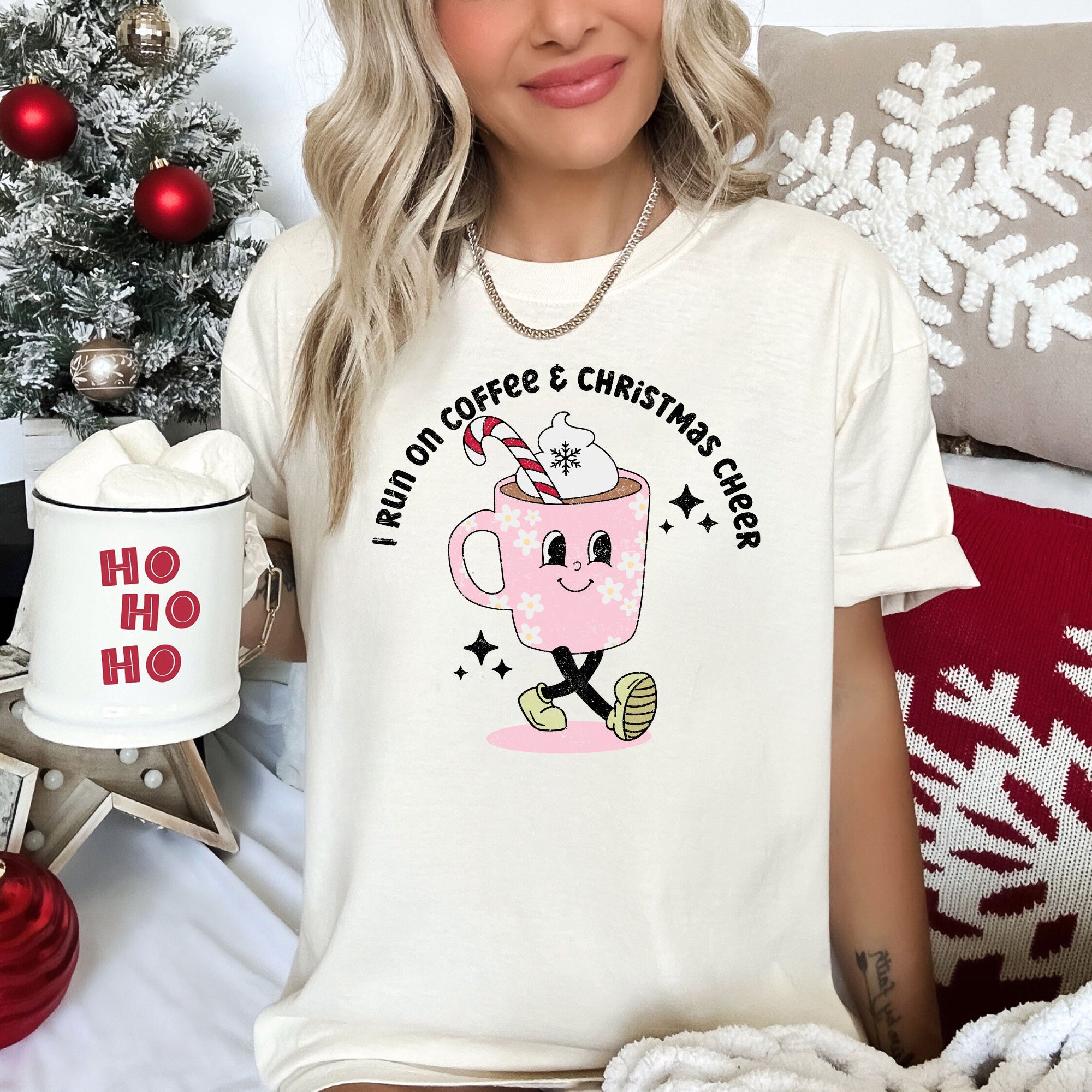I Run On Coffee Christmas Cheer Retro Vintage Festive Holiday Edition Comfort Colors Tee