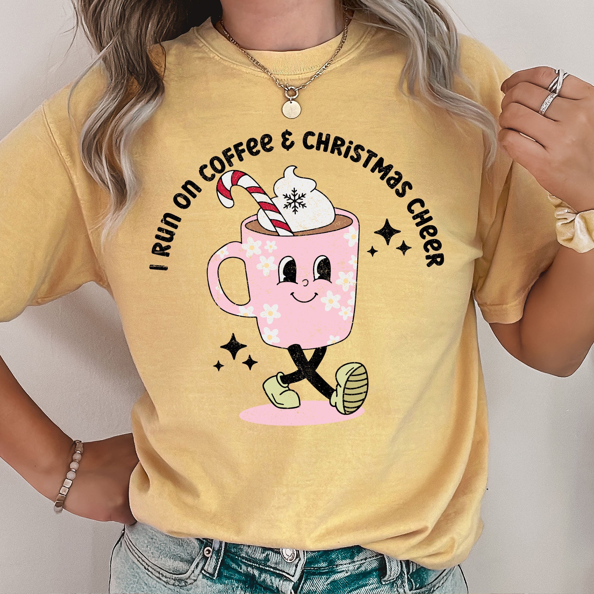 I Run On Coffee Christmas Cheer Retro Vintage Festive Holiday Edition Comfort Colors Tee