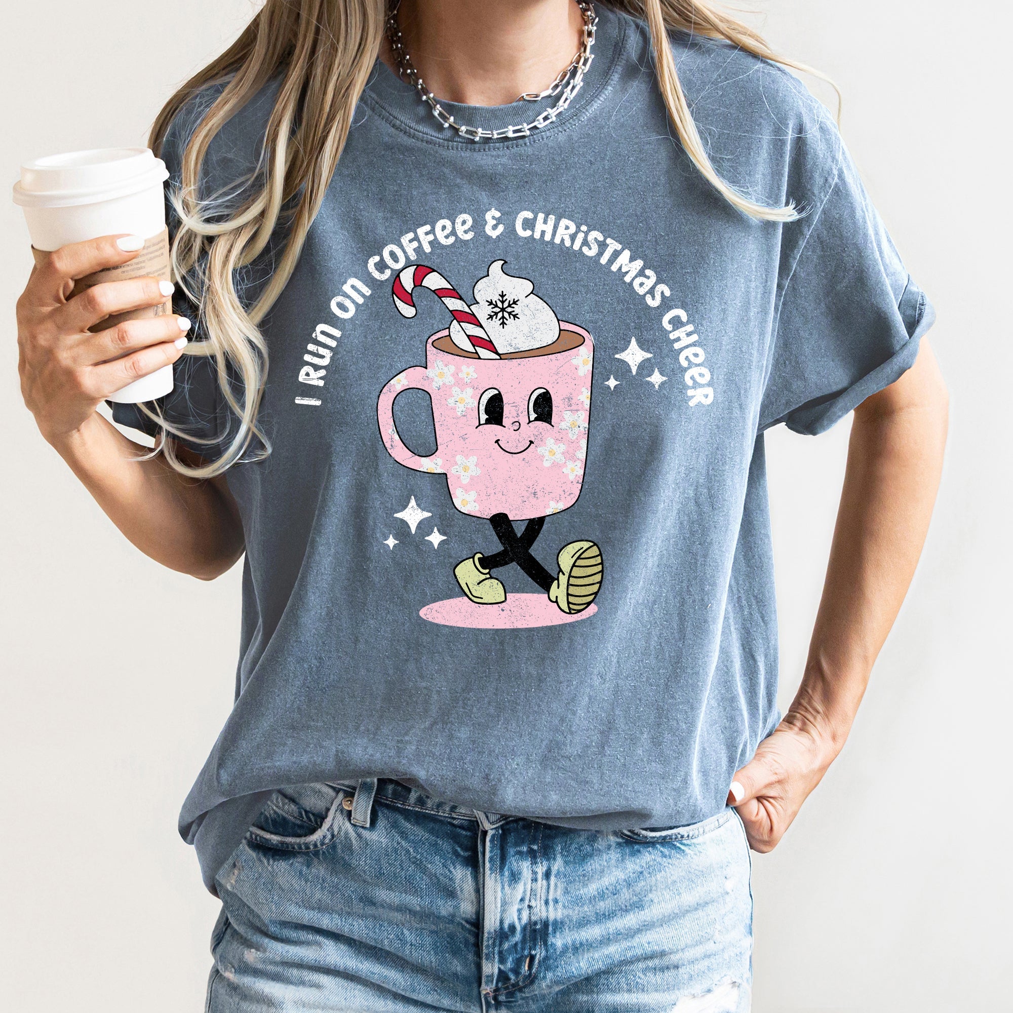 I Run On Coffee Christmas Cheer Retro Vintage Festive Holiday Edition Comfort Colors Tee