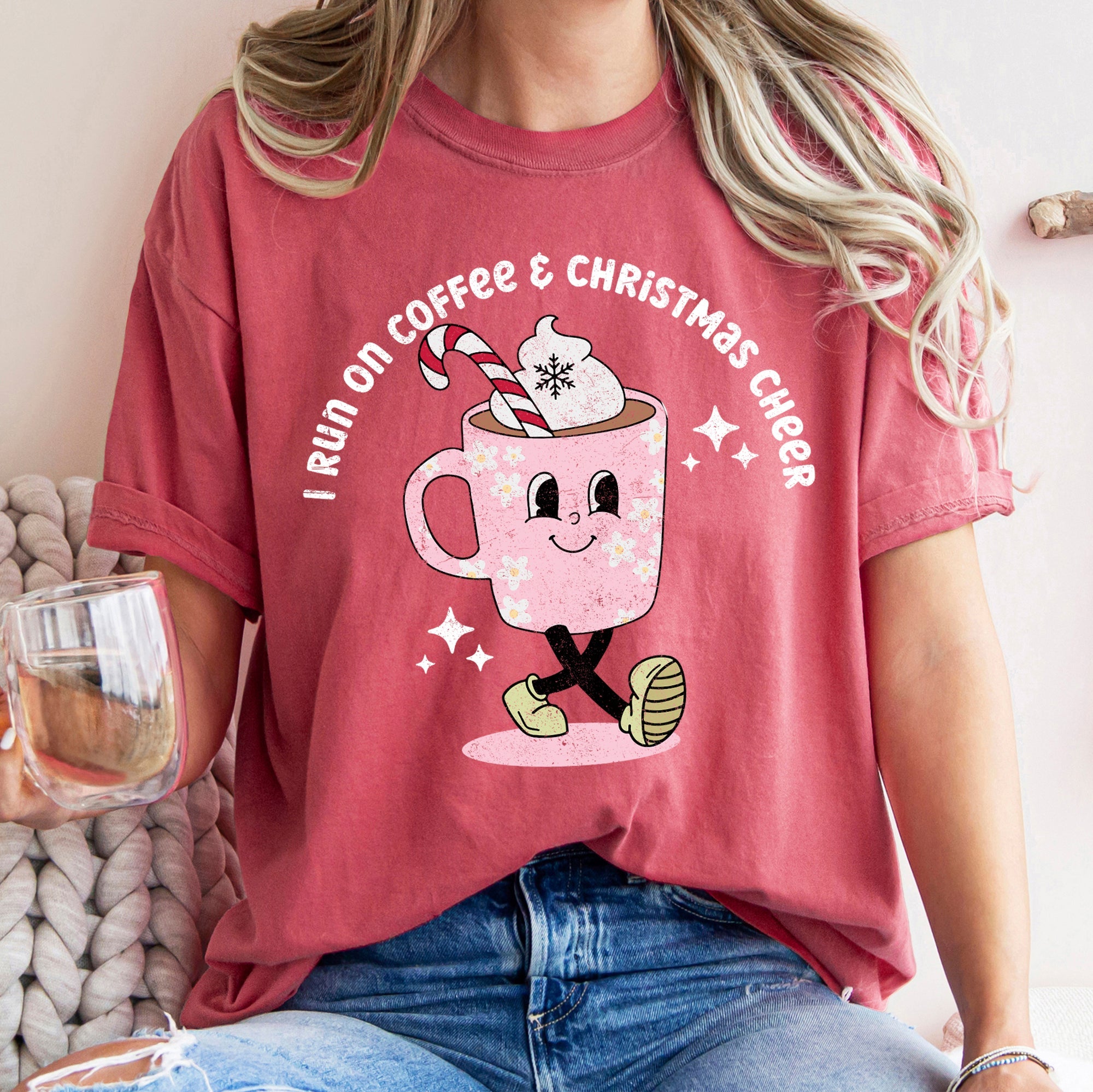I Run On Coffee Christmas Cheer Retro Vintage Festive Holiday Edition Comfort Colors Tee