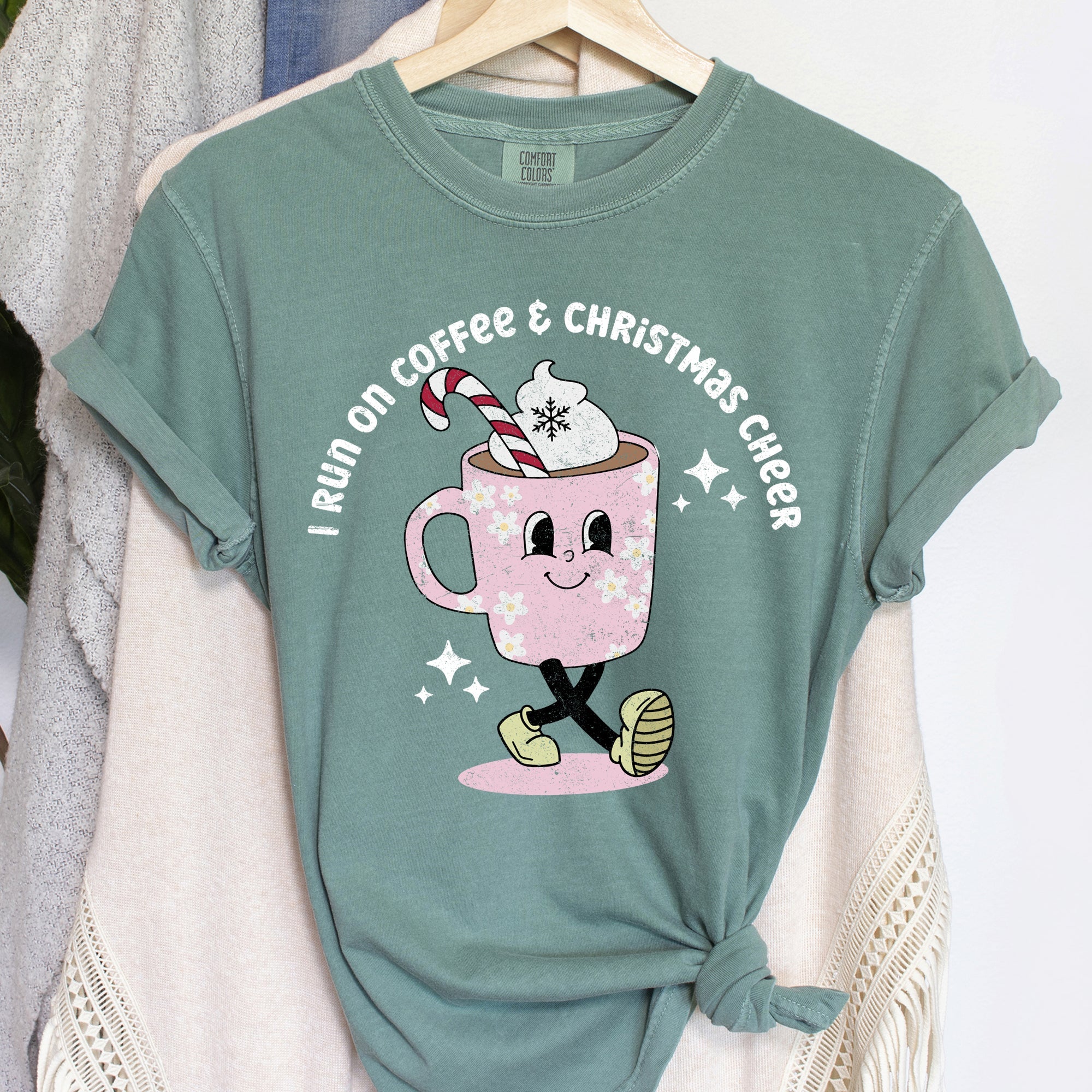 I Run On Coffee Christmas Cheer Retro Vintage Festive Holiday Edition Comfort Colors Tee
