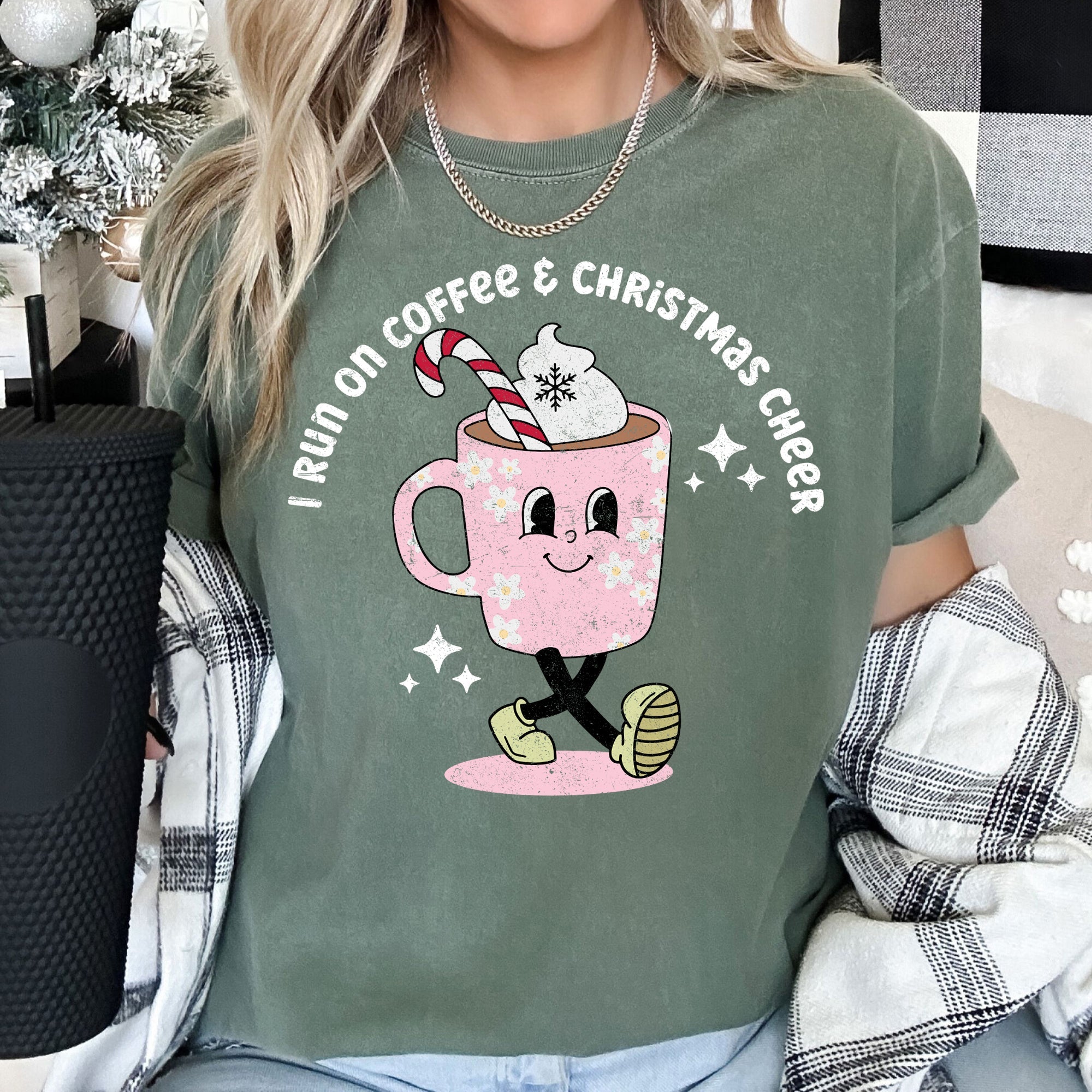 I Run On Coffee Christmas Cheer Retro Vintage Festive Holiday Edition Comfort Colors Tee