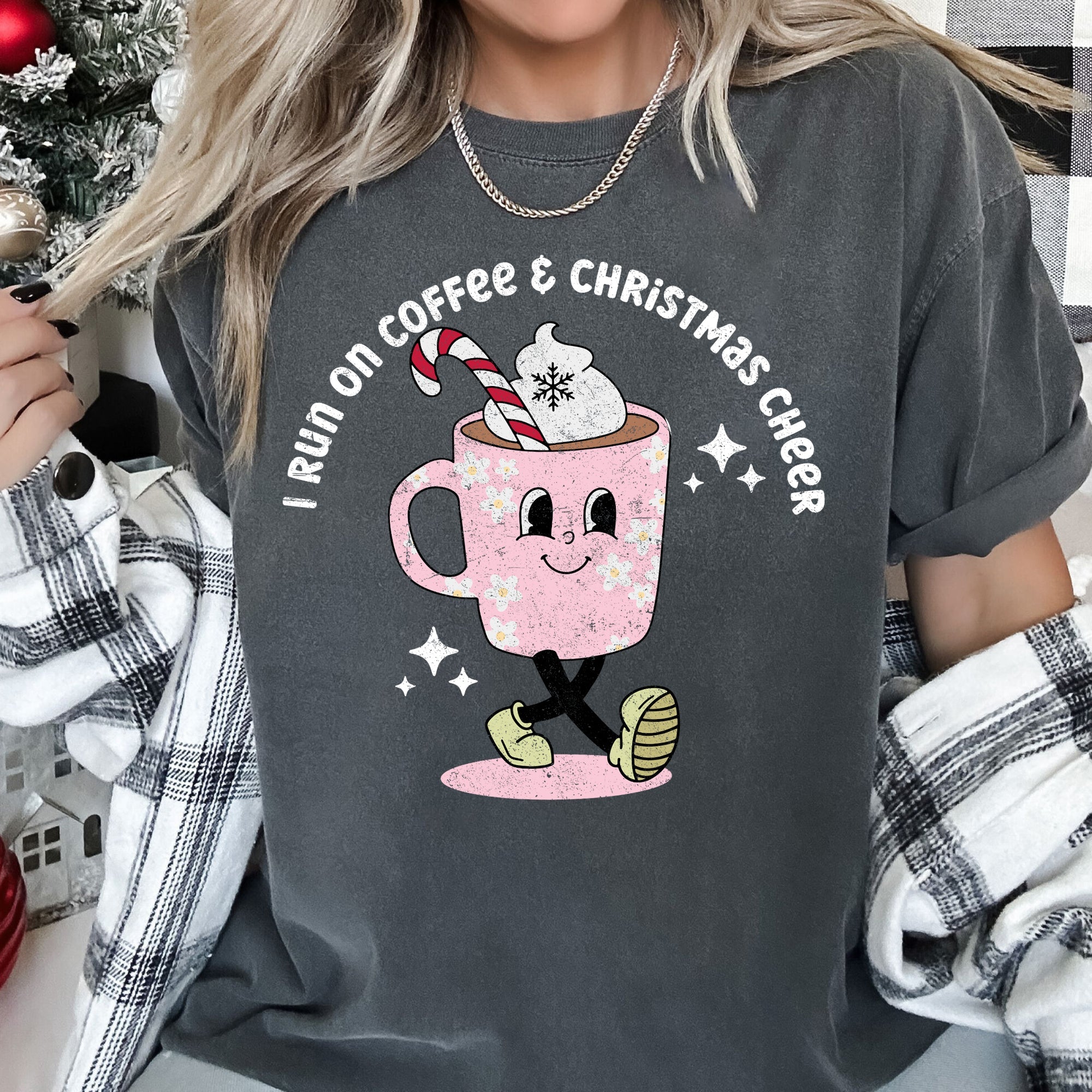 I Run On Coffee Christmas Cheer Retro Vintage Festive Holiday Edition Comfort Colors Tee
