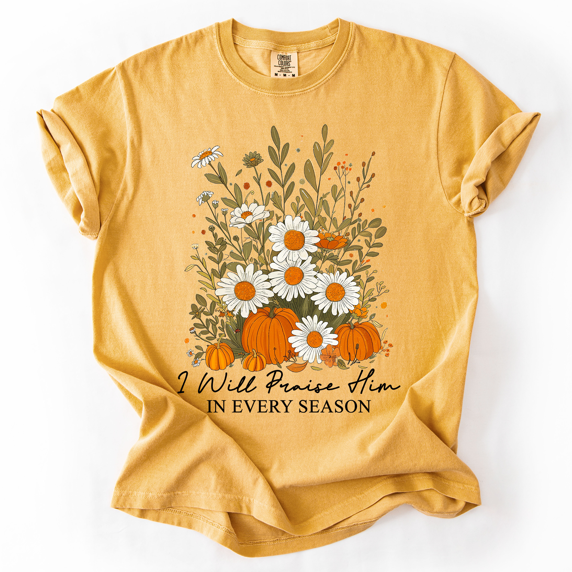I Will Praise Him In Every Season Psalm 34:1 Watercolor Autumn Comfort Colors Tee