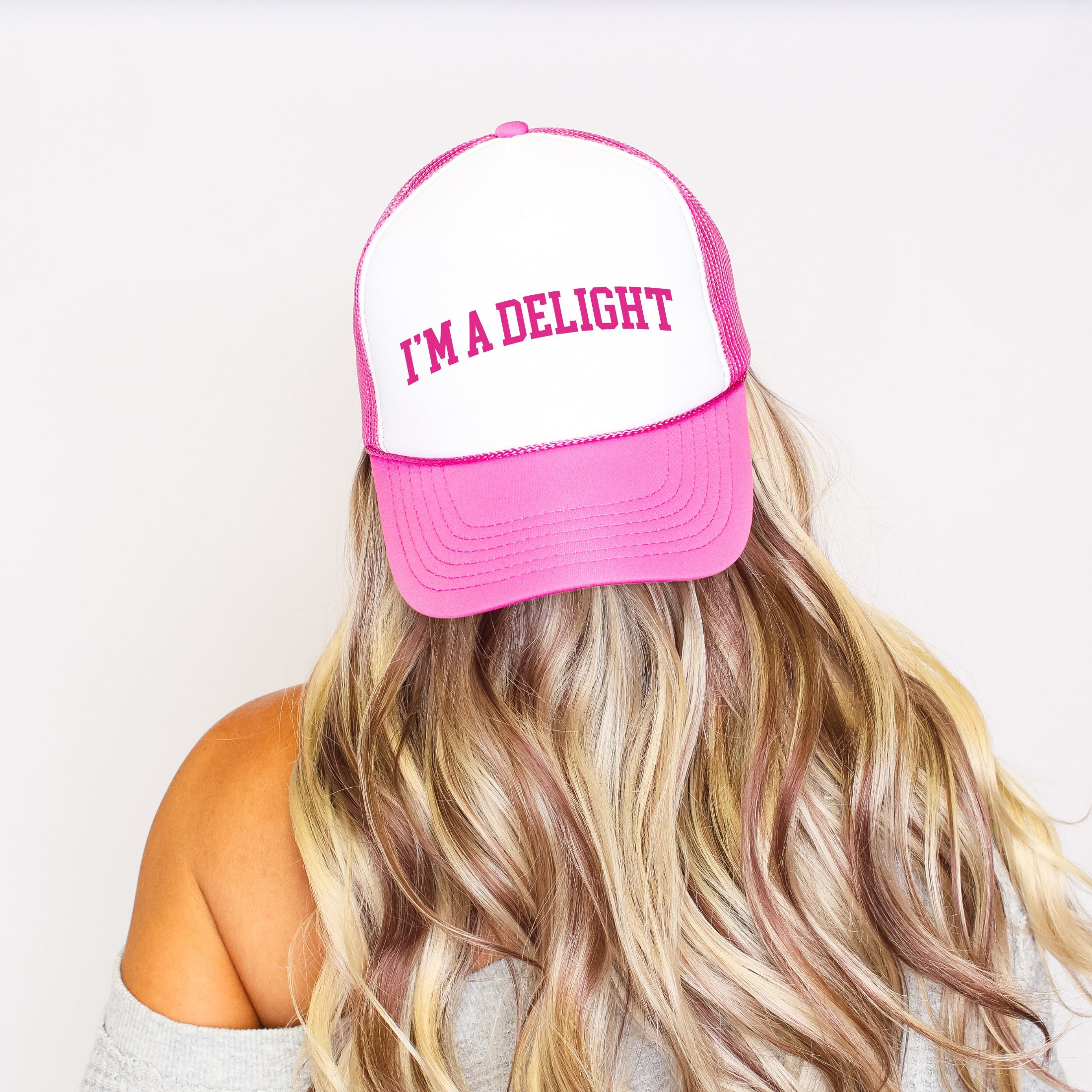 I'm A Delight, Sassy, Funny Bright Pink Bold Playful Statement Snapback Trucker Hat